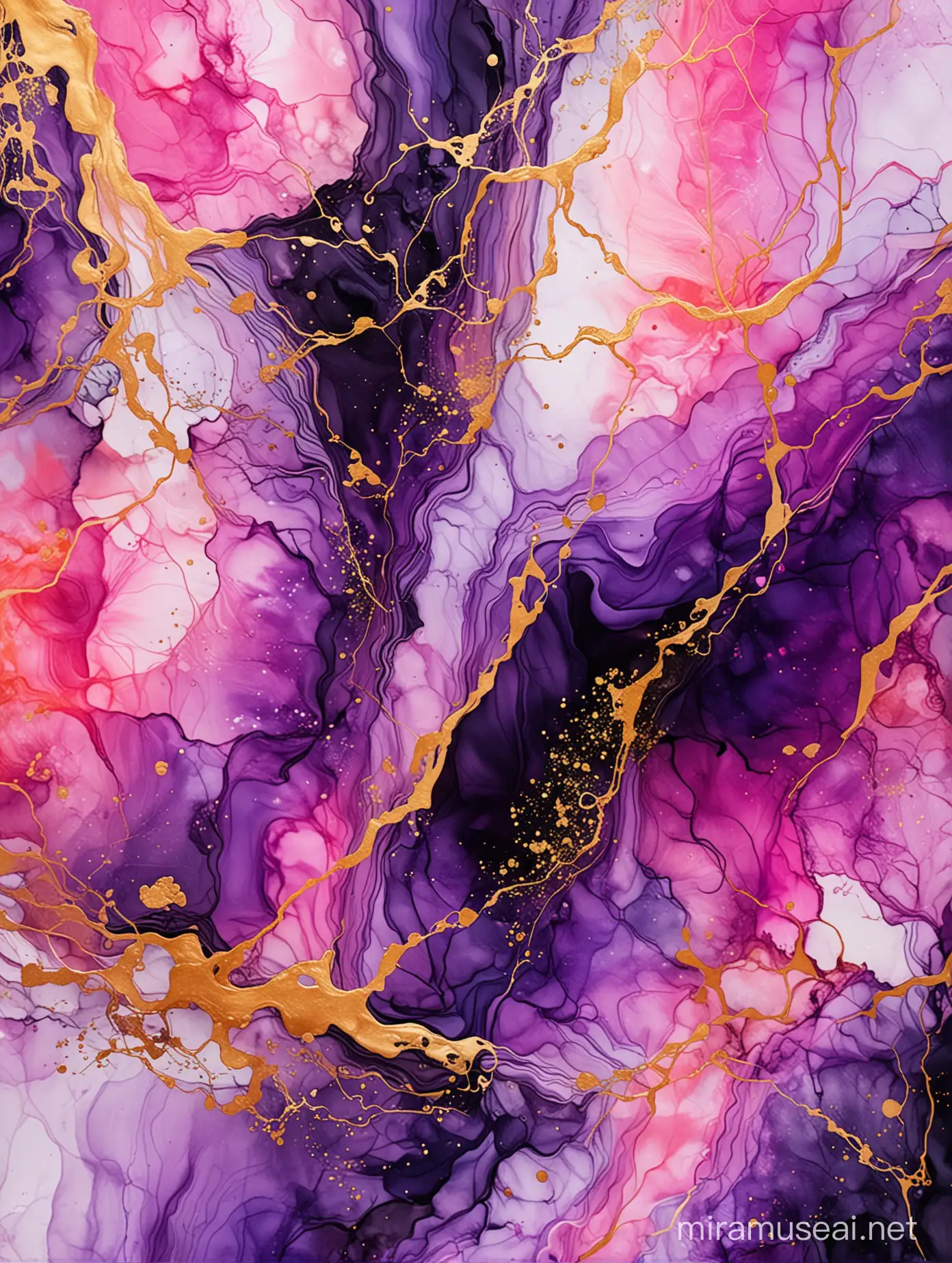 Colorful marble, illustration of alcohol ink, pink, purple, orange, purple and black colors with gold veins.