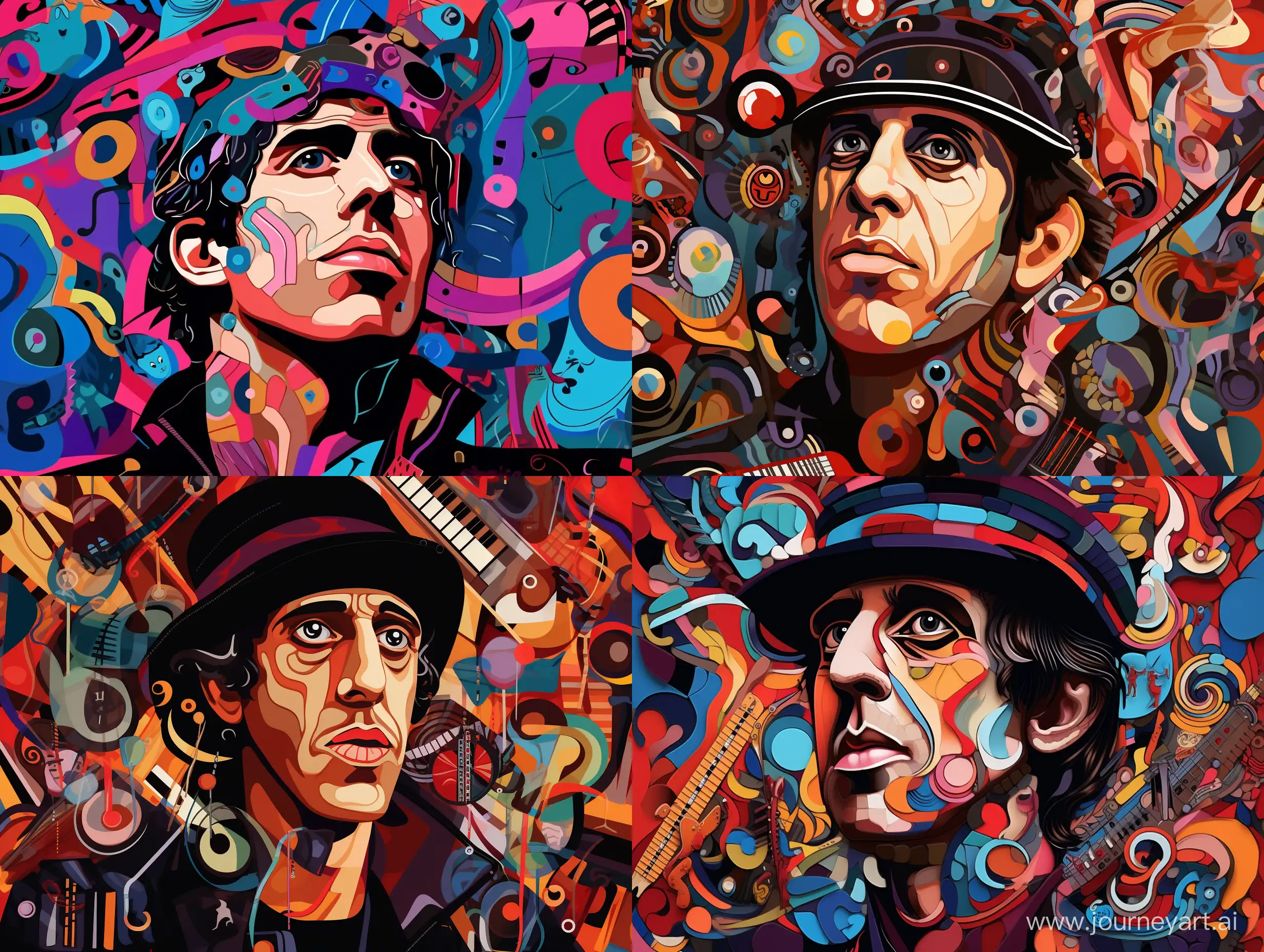 Waist portrait of Adriano Celentano, against a background of musical symbols, many details, complex colors, caricature, pop art style