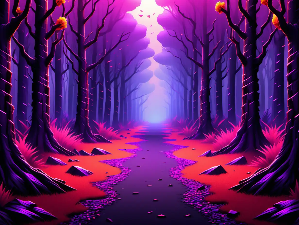Treed forest with a gravel path down the middle. Gaming theme with neon purple, orange and pink colors. Leave blank space in middle for writing.