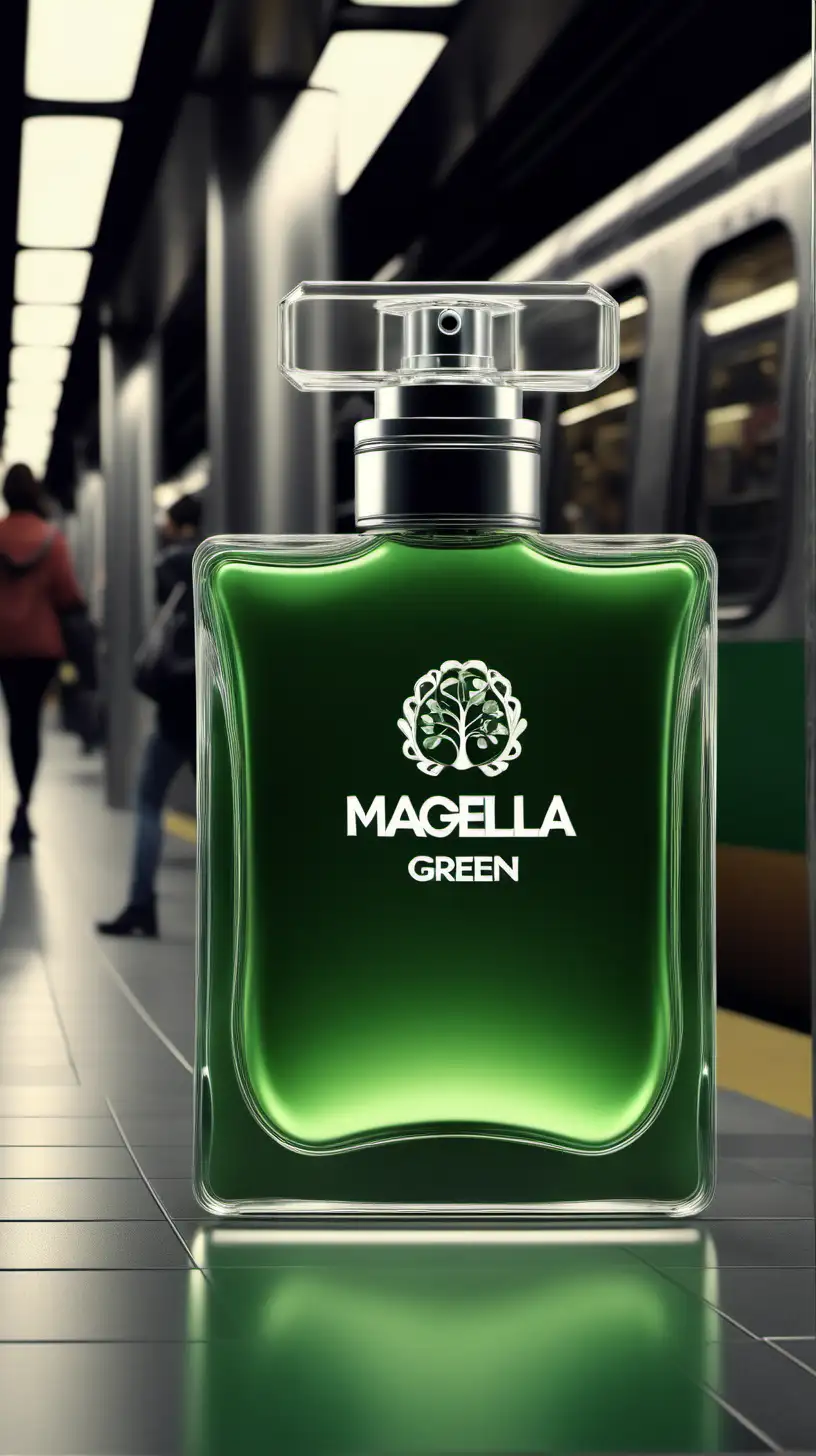 Magella Green Perfume Bottle Hyperrealistic 8K Photography in Subway Advertisement