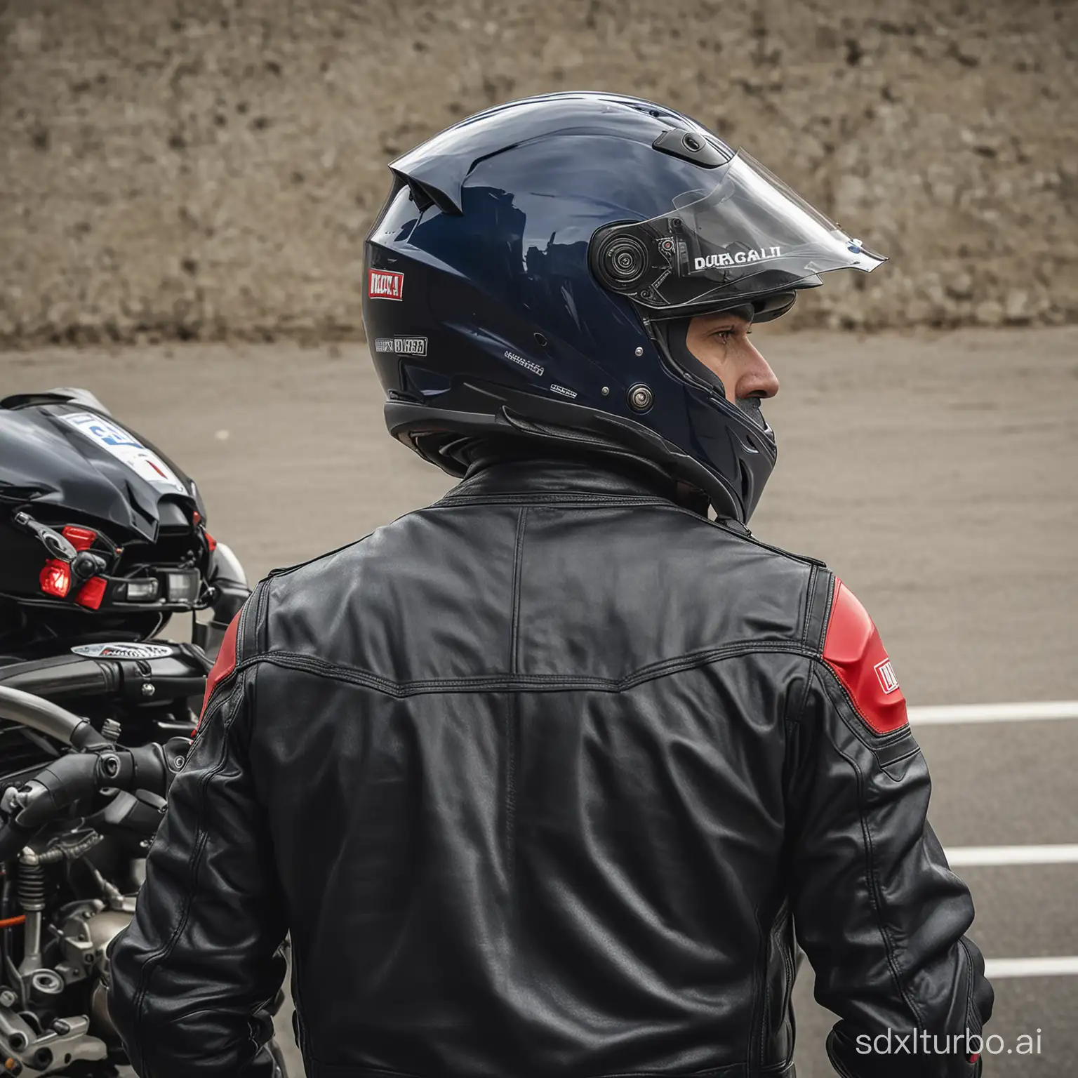 A man wearing a black motorcycle vest with a black and dark blue helmet, his back facing us, his head half looking to the left, and a Ducati V4 on the front.