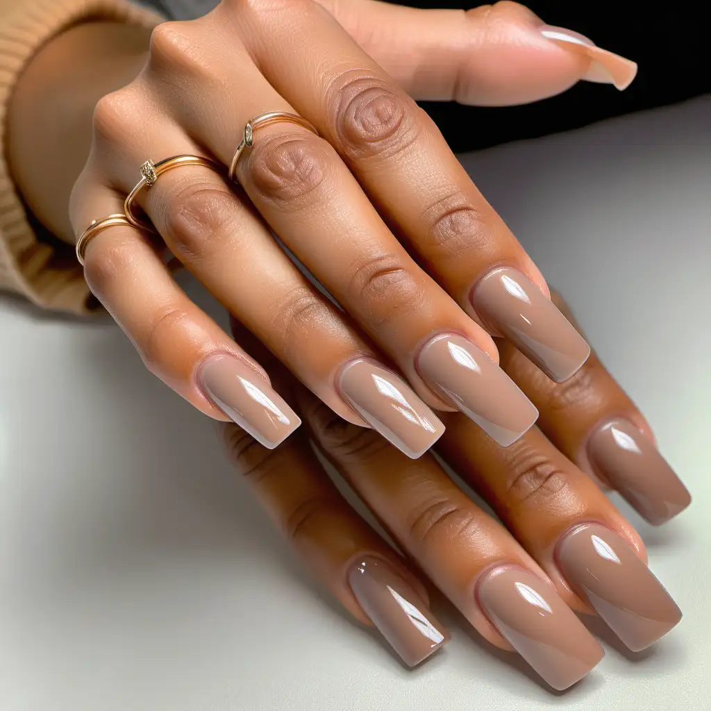 Manicured hand with long square gel extension nails. The nails have the popular Hailey Bieber glazed donut nails design.