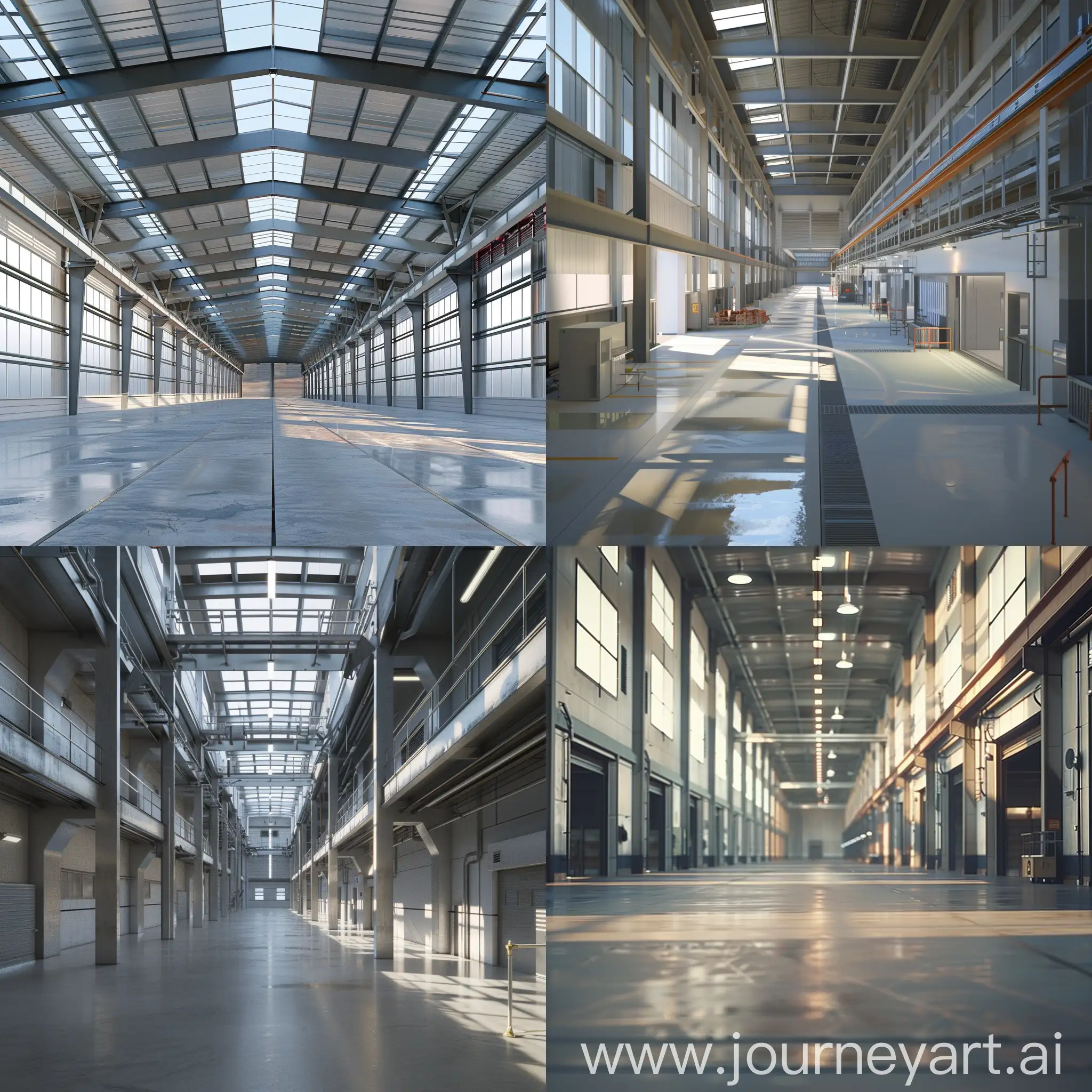 generiere eine fotorealistische Ansicht einer Industriehalle mit 50 meter länge, 25 meter breite und 10 meter höhe