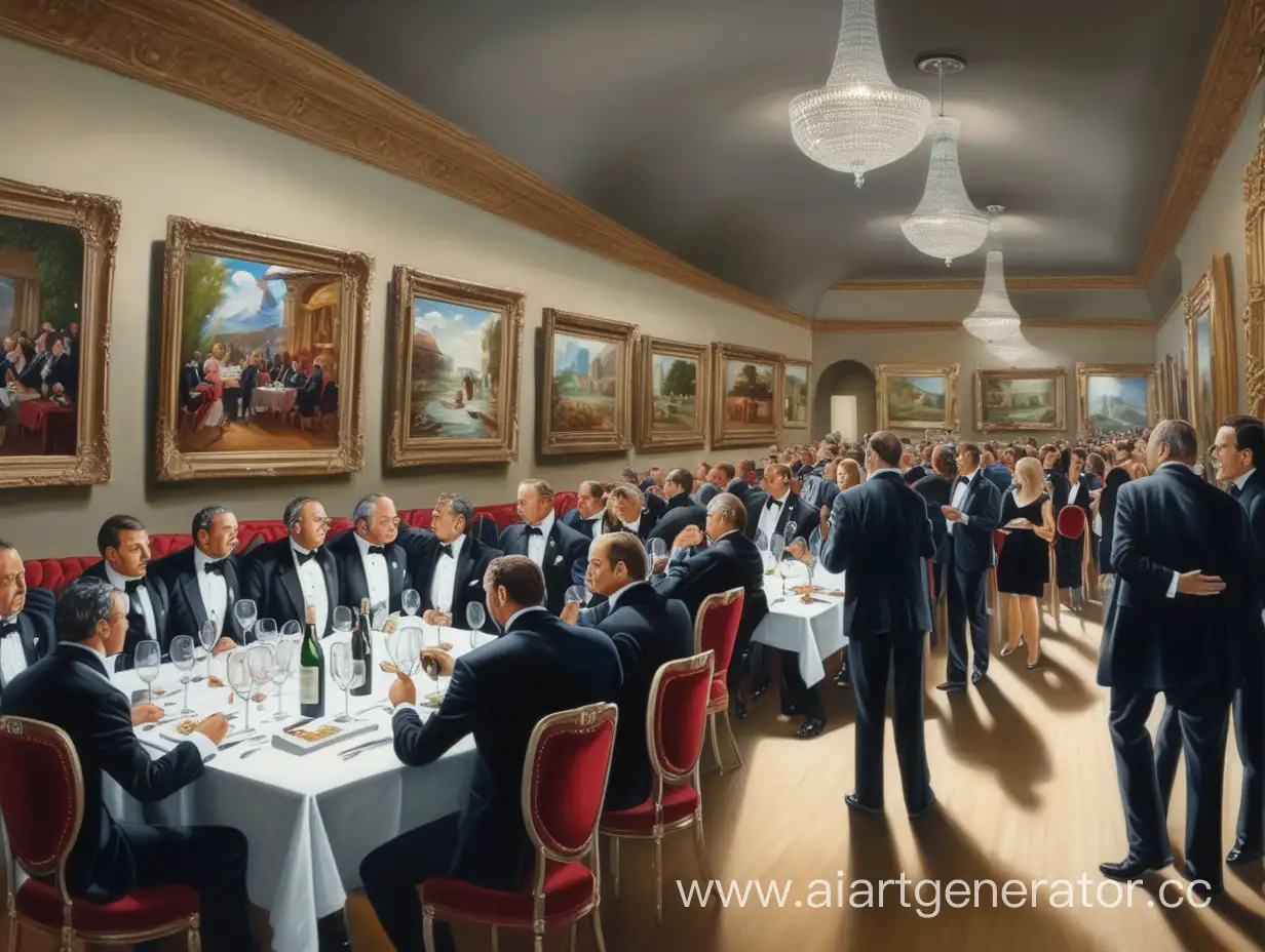 auction sale of paintings in an expensive restaurant