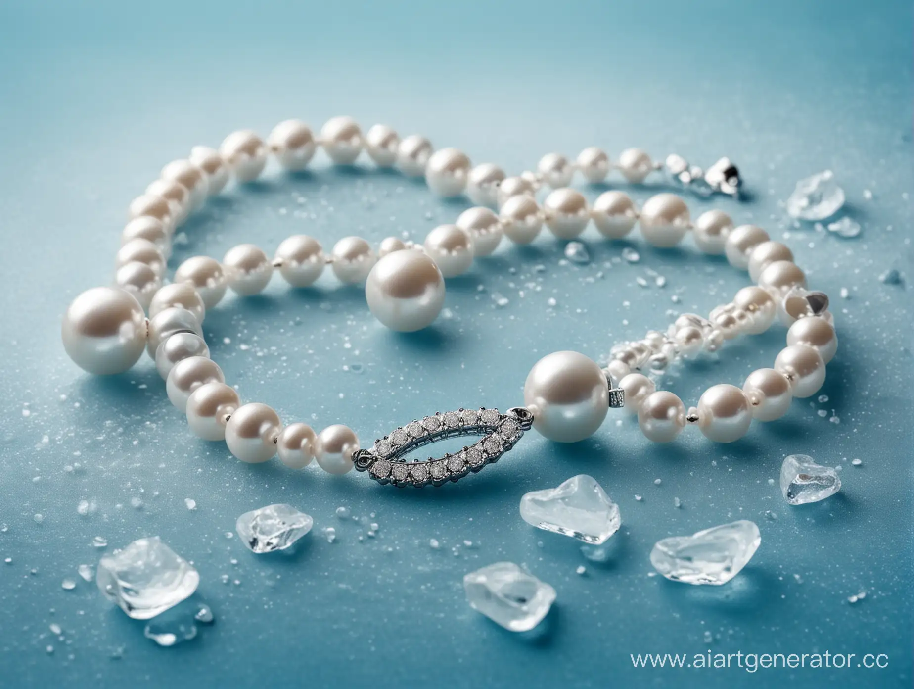 Elegant-Pearl-Jewelry-Displayed-on-Ice-Against-a-Serene-Blue-Background