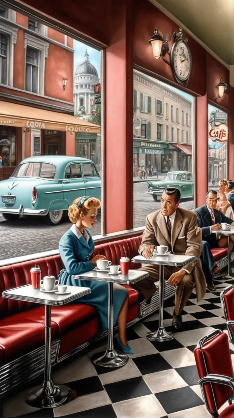cafe 1950-talet, med gäster, hyperealistisk, photorealistic, hög kvalité på bild