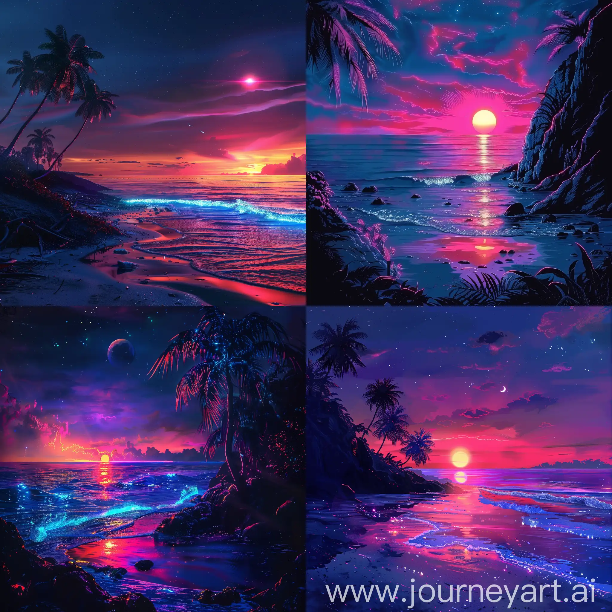 Vibrant-Neon-Sunset-Over-Dark-Beach