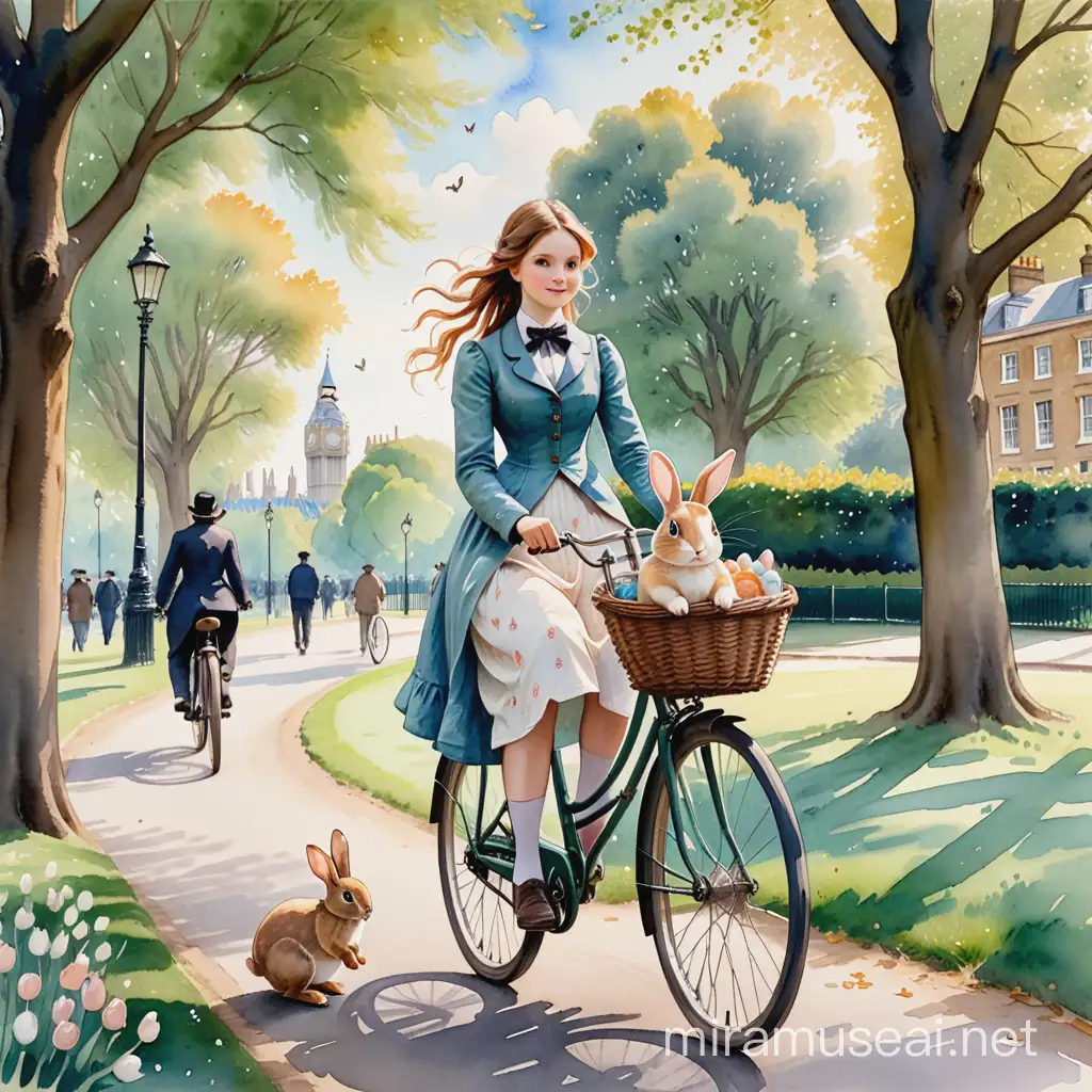 a young woman on a 19th century bicycle, carrying cute bunnies in a basket, in a London park.  watercolor, painting, detailed, Van Gogh,