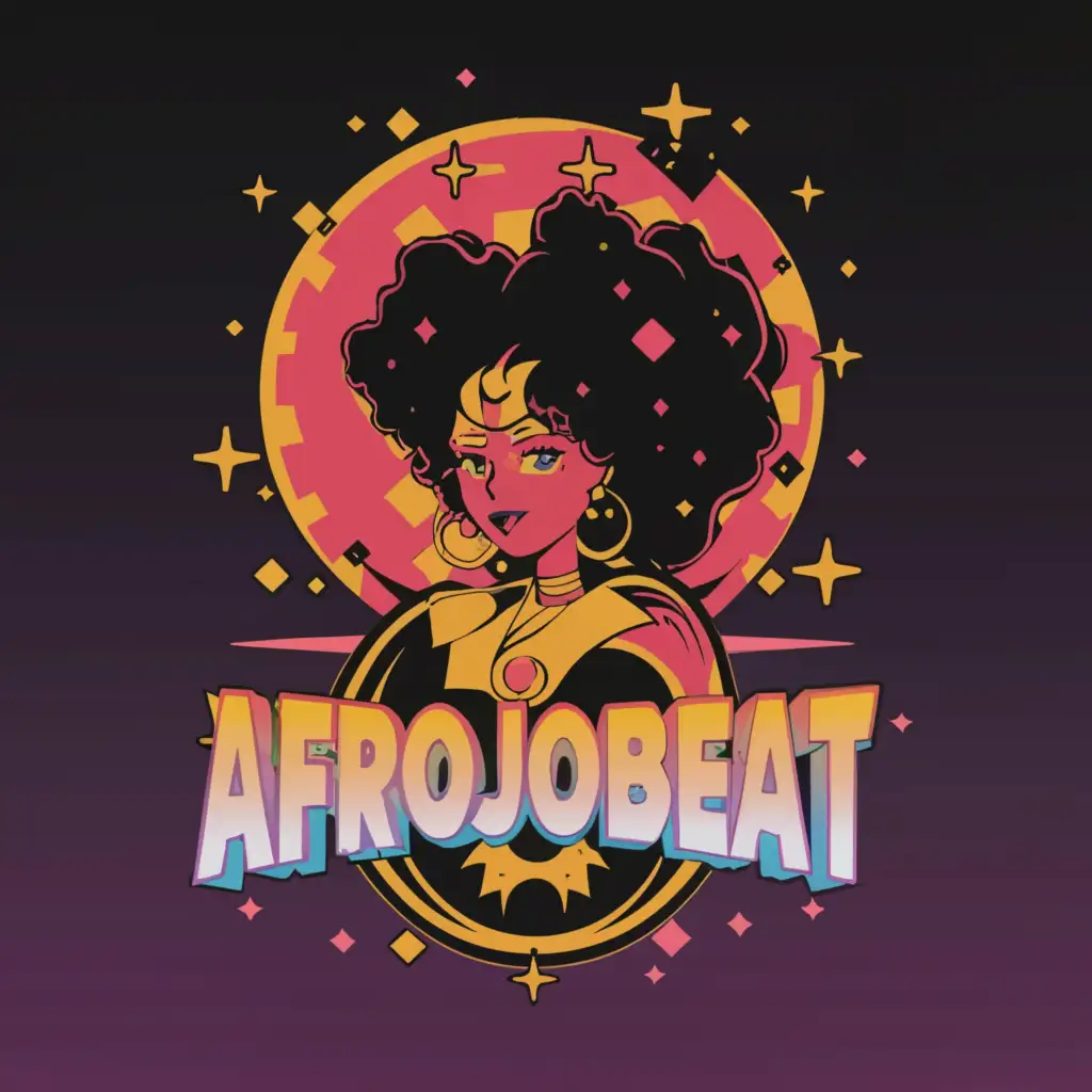 a logo design, with the text 'AFROJOBEAT', main symbol: BIG AFRO BLACK SAILOR MOON 'AFROJOBEAT' PINK YELLOW PURPLE, Moderate, be used in Entertainment industry, clear background