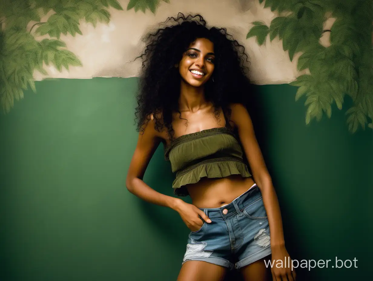 low angle full body portrait of a young pretty Eritrean woman leaning against the wall, she has long curly black hair, she has a cute face, she has honey colored eyes, she is smiling happily, wearing a forest-green crop top, midriff, navel, wearing cutoff shorts, she has big juicy thighs, loose brushstrokes, bohemian interior, Velazquez painting style
