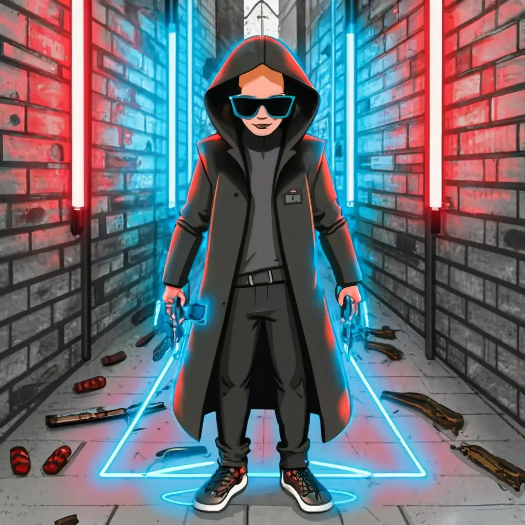 logo, CARTOON street youngster wearing black.a long rain coat dark rayban shades with colts in each hand and a knife in holster on his waist. neon blue lights a few red bricks on the ground, with the text "The heretic", typography