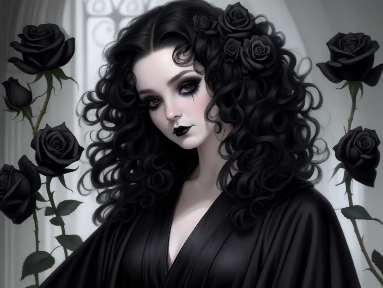 Black haired woman in black robes. goth, female, pale skin, long curly black hair, jedi, black makeup, streaking mascara, black jedi robes, black roses in her hair