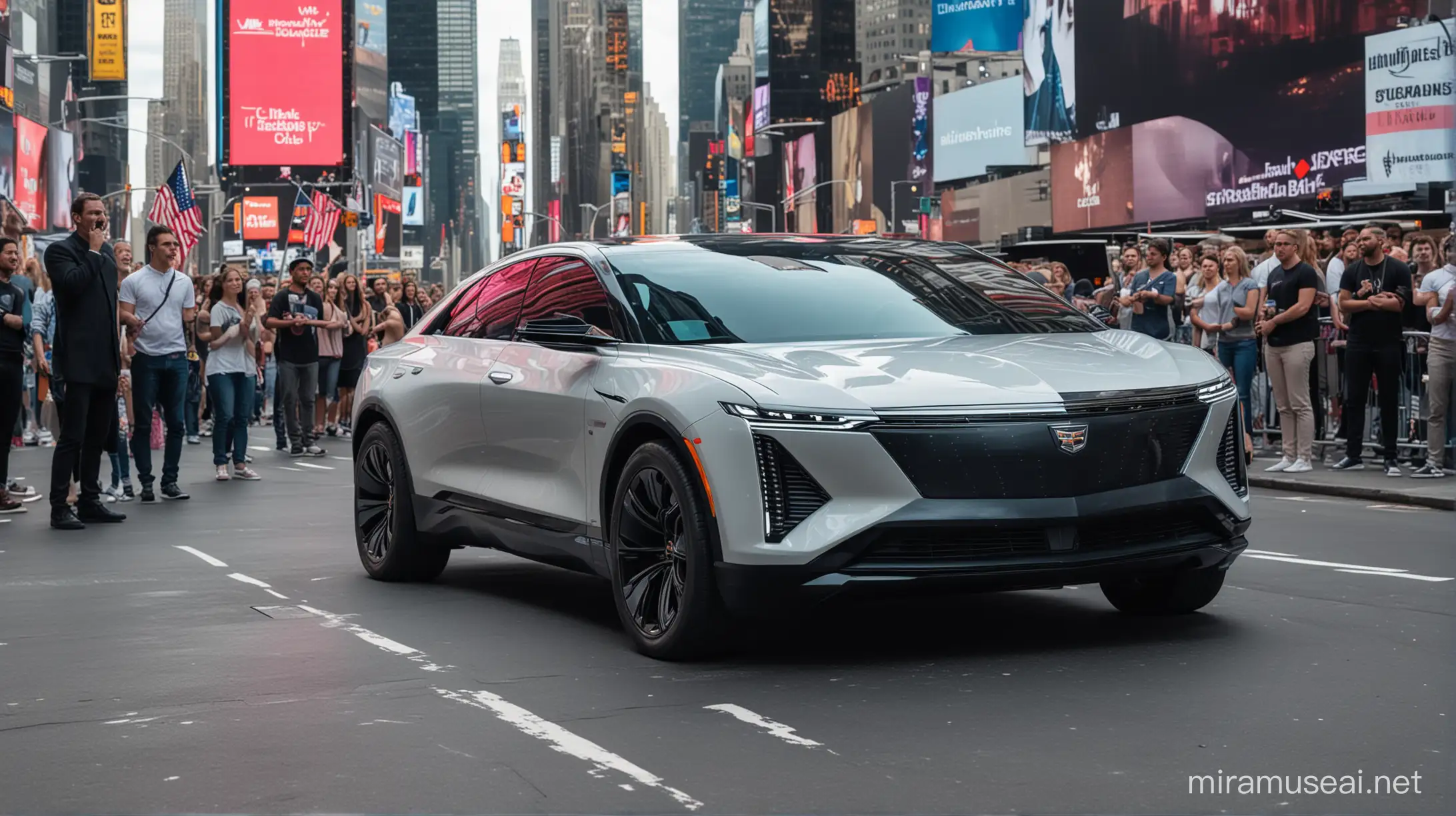 A 2024 all electric cadillac LYRIQ driving through the middle of times square with lots of people around.
