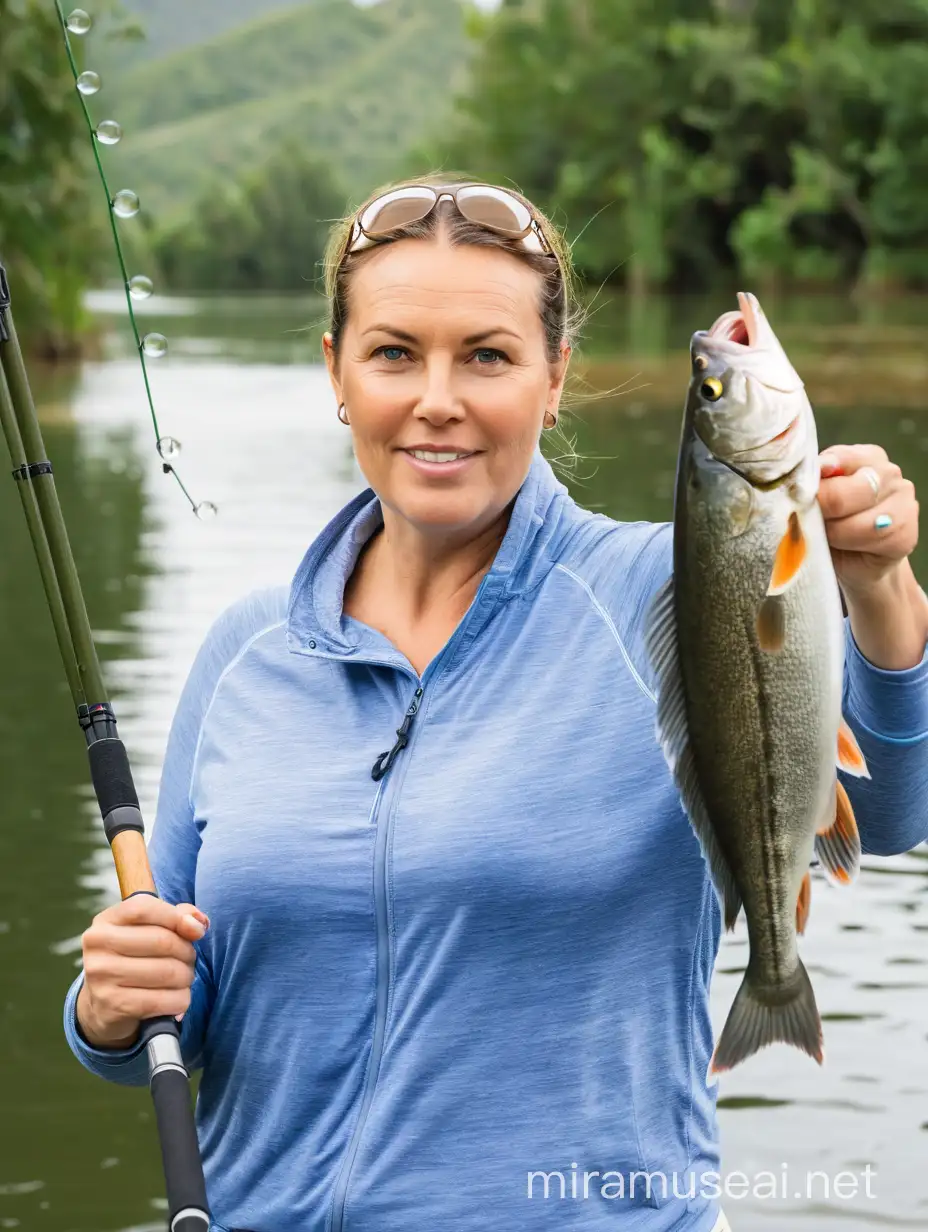 Caucasian 35 years old woman in bikini with a fishing rod as fisherman cached big fish holding on hand, wearing small top and shorts,  looking straight to camera