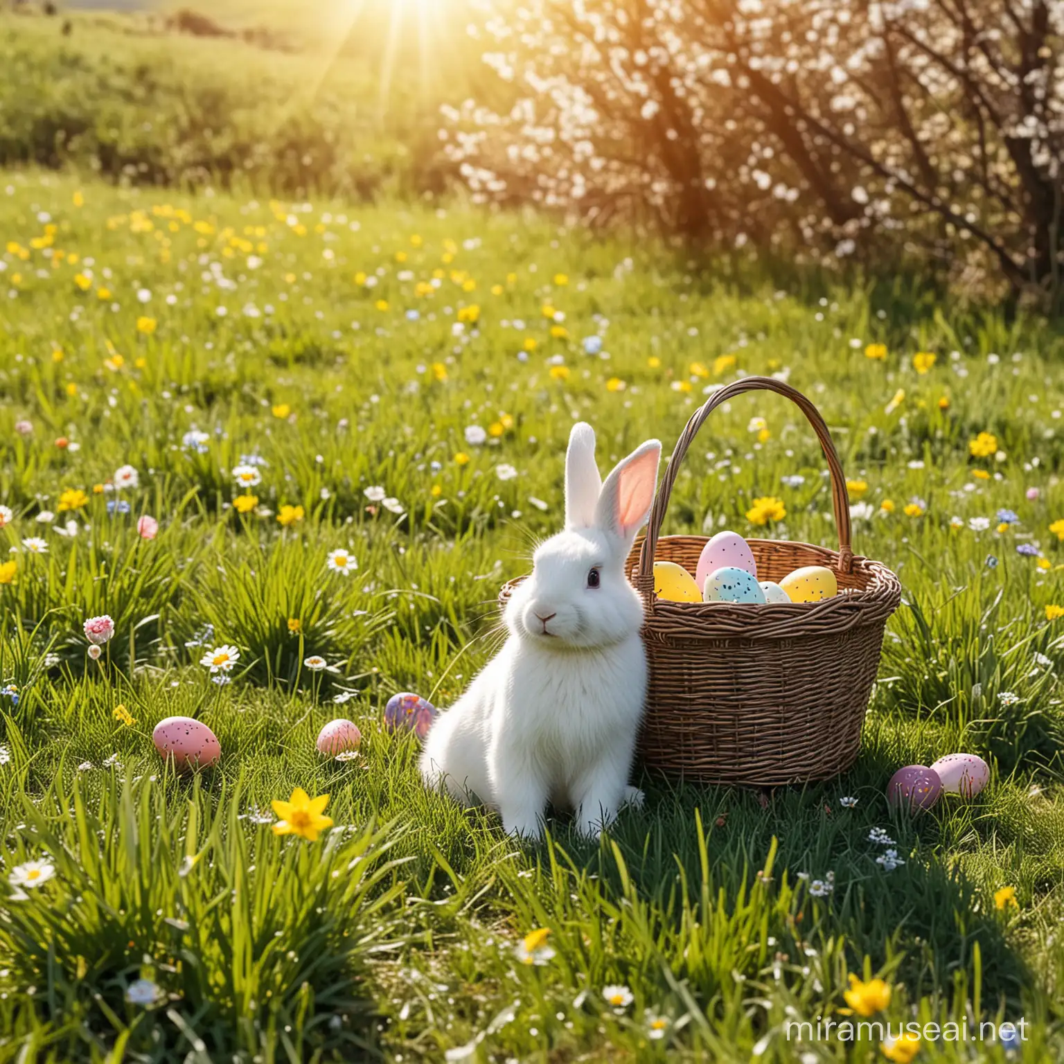 Basket in a meadow in spring while its sunny with a easter bunny next to it
