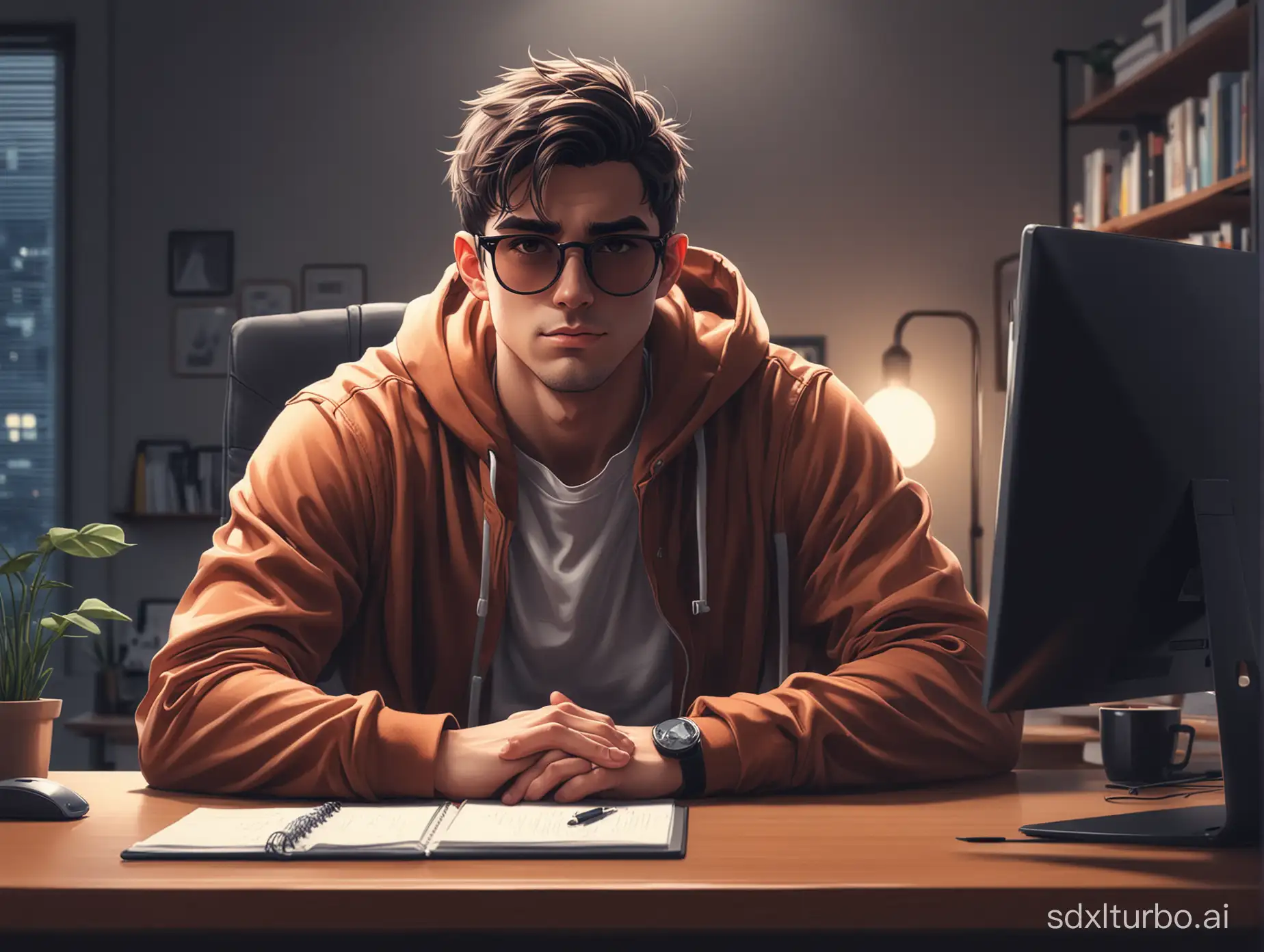    ANIME FRIENDLY LOOKING MALE BUSINESS CHARACTER , HOODIE AND SUNGLASSES.HE IS FRONT FACING TO THE CAMERA, HE IS SITTING BEHIND HIS LAPTOP IN HIS OFFICE, ARMS ON HIS DESK. IT IS NIGHT. THE ROOM HAS VOLUMETRICLIGHTING. LOOKING STRAICHT AND CENTERED, CENTRAL PORTRAIT, SITTING STRAIGHT, FRONT VIEW, CENTERED LOOKING STRAIGHT. THE OVERALL AMBIANCE OF THE IMAGE SHOULD CONVEY A CONNECTION TO MINIMALISM, FLAT ILLUSTRATION, BOLD LINE, MINIMALISM, SIMPLIFIED, GOUACHE ILLUSTRATION. 8K RESOLUTION