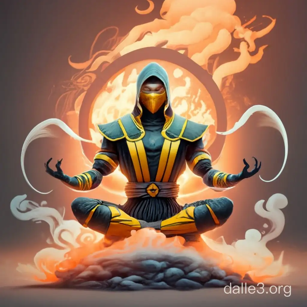 Create an epic scene of Scorpion from Mortal Kombat 9 meditating amidst swirling smoke, with a sense of wisdom and deadly calmness, surrounded by the ethereal glow of burning incense. Capture the realism and graphic style of Mortal Kombat 9, showcasing the duality of his character with meticulous detail.