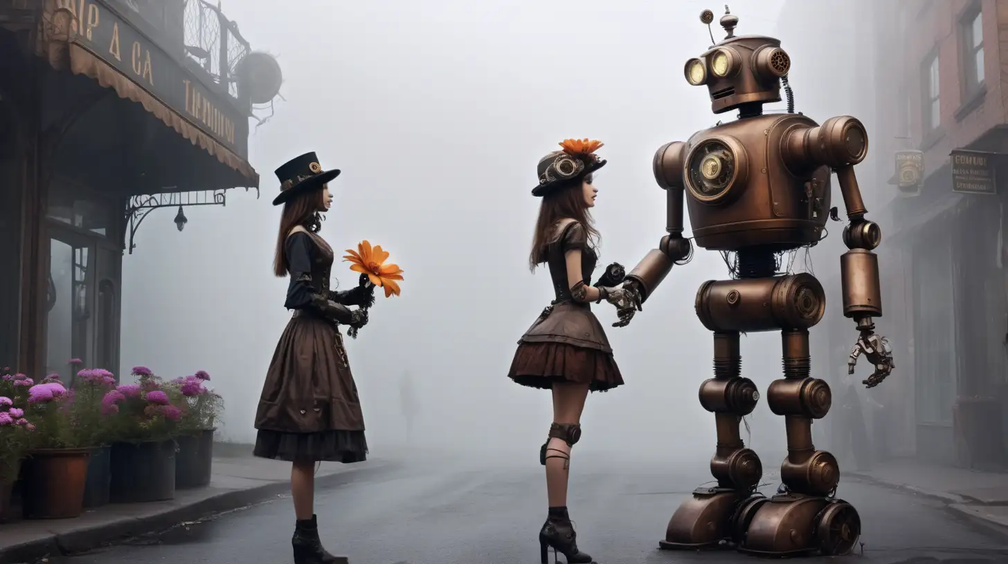 Steampunk robot, talking to a girl standing with a flower, fog, street