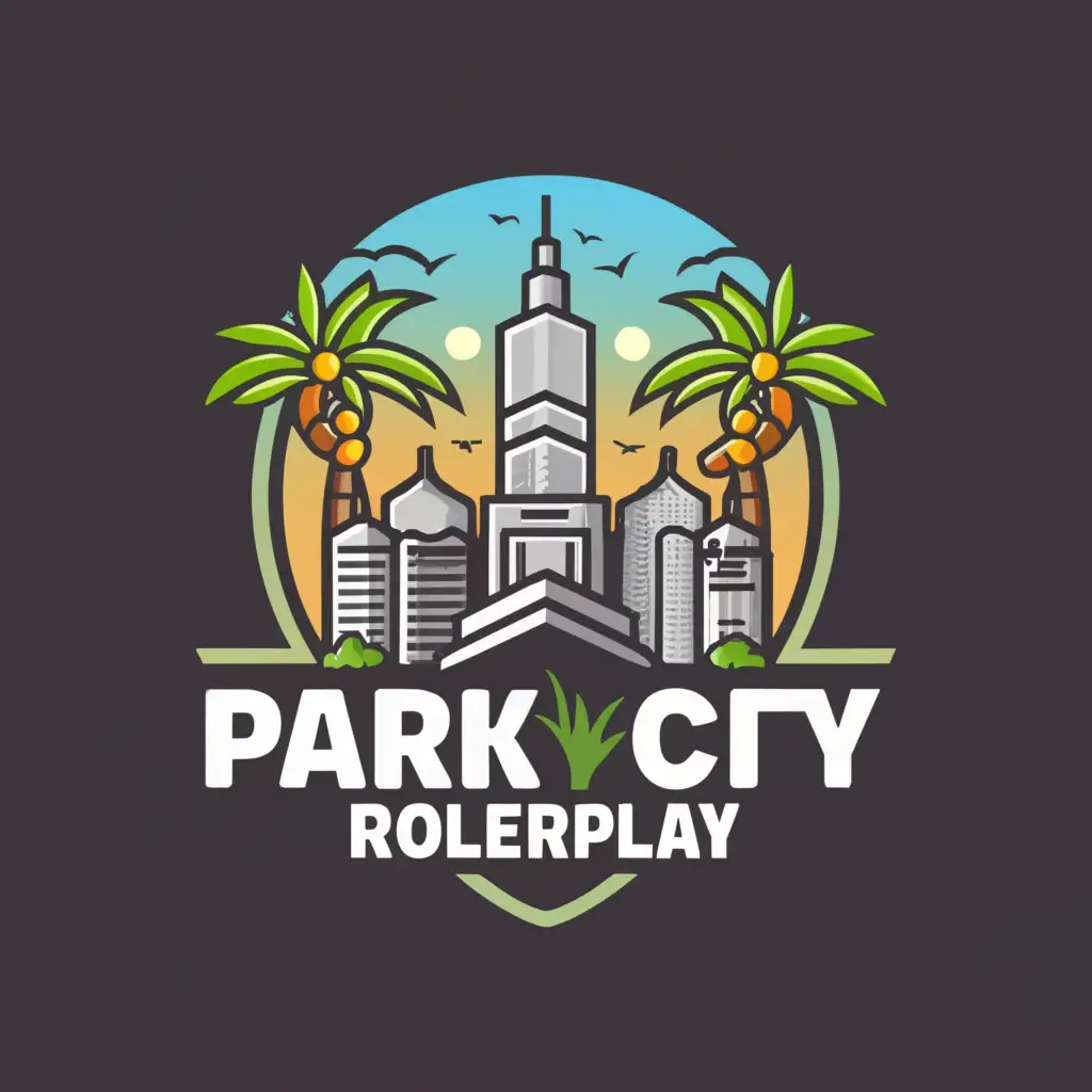 a logo design,with the text "Park City Roleplay", main symbol:Create a Logo for Fivem Server with city skyline and a crane in the middle with palm trees on the side,Moderate,be used in Technology industry,clear background