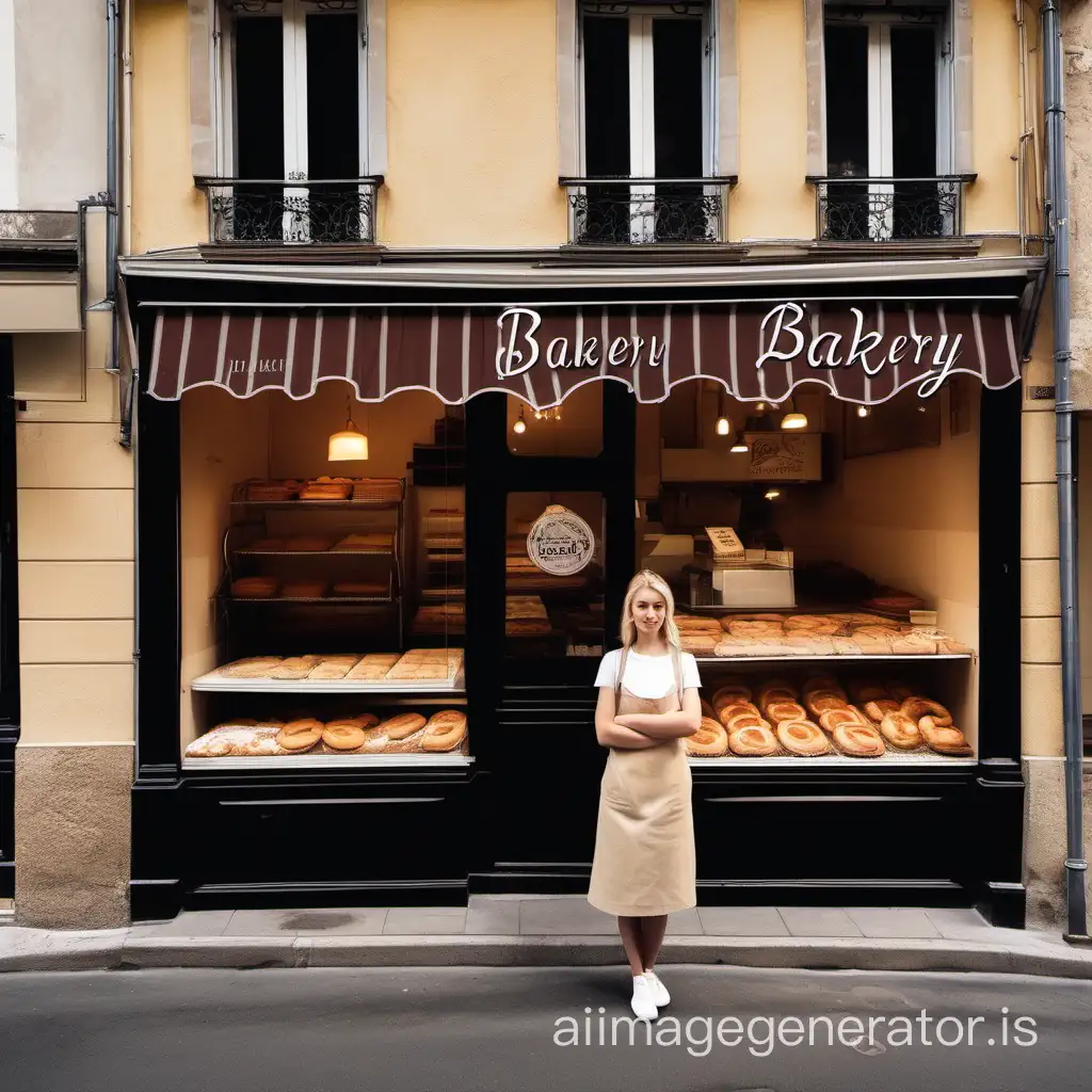 I want a real photo of a bakery on a street in France and this bakery with an empty shop window, and in front of this bakery stands a young blonde woman