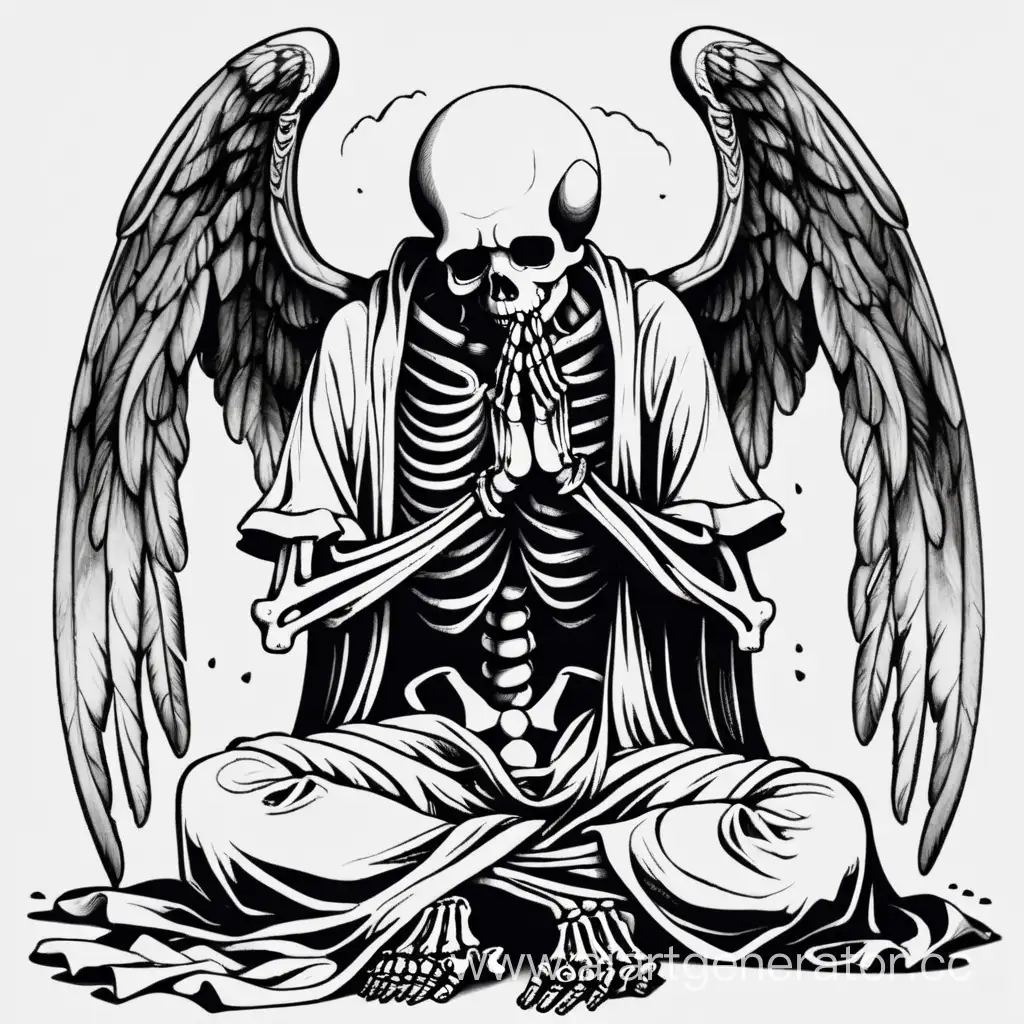 Плачущий скелет ангел, который молится, используй только чёрные и белые цвета, без волос, стиль в жанре фонк
