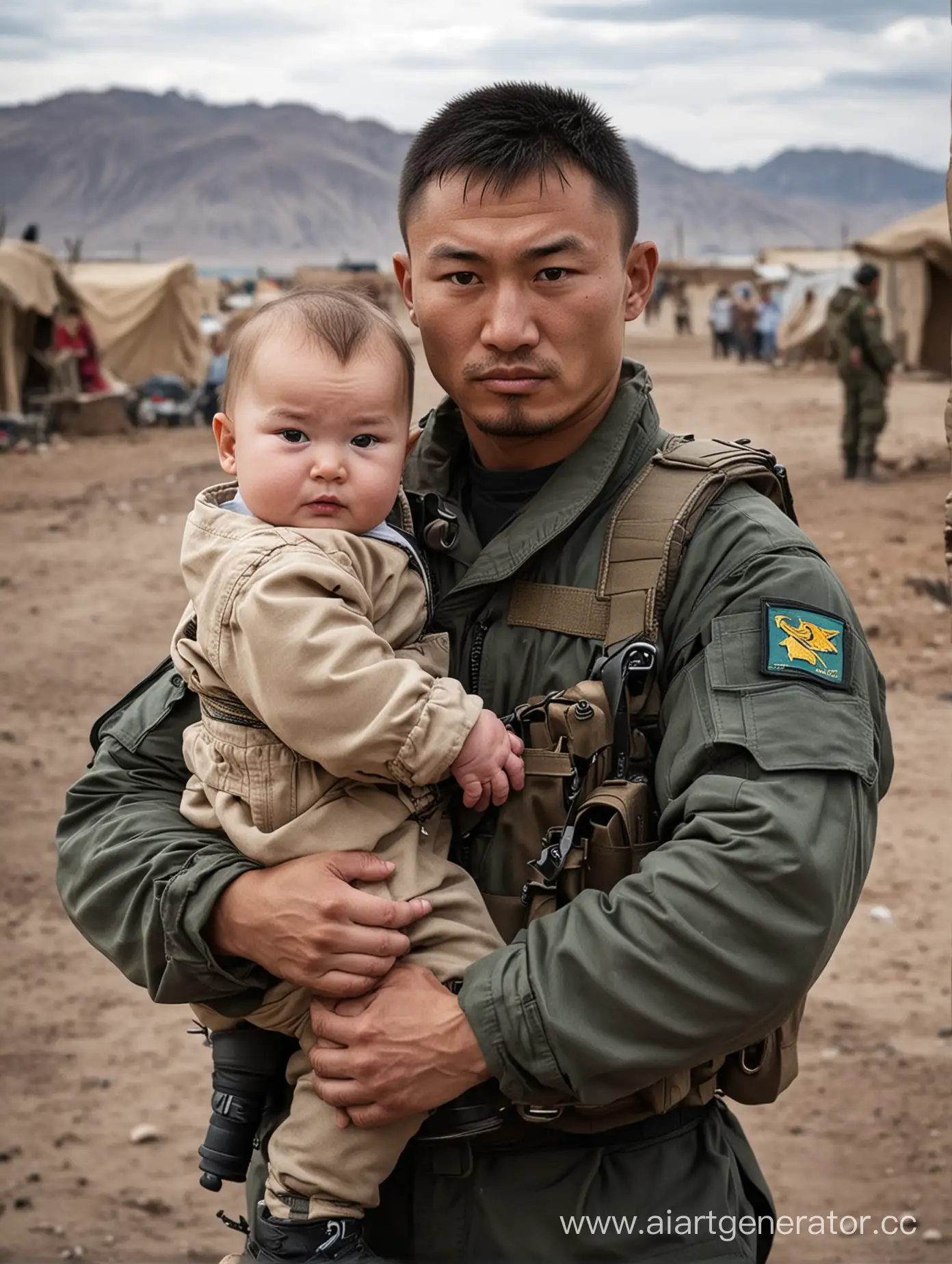 Kazakh-Special-Forces-Fighter-Holding-Childs-Hand