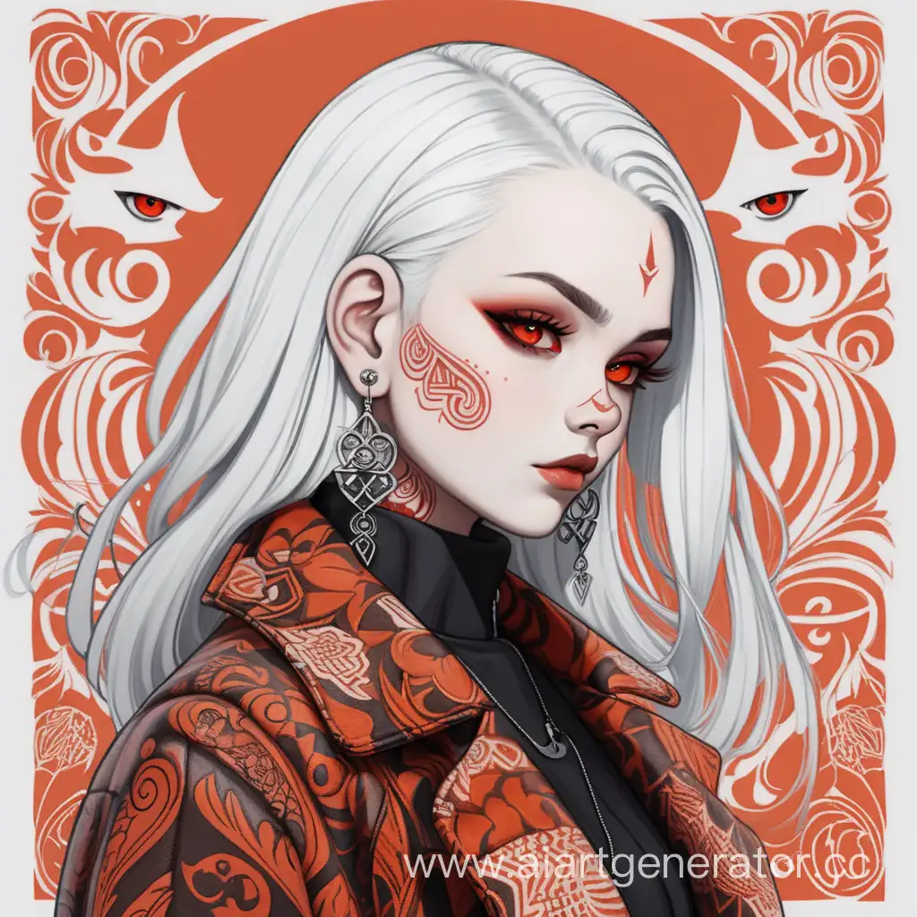 Mysterious-Tattooed-Girl-in-Patterned-Coat-with-RedOrange-Backdrop