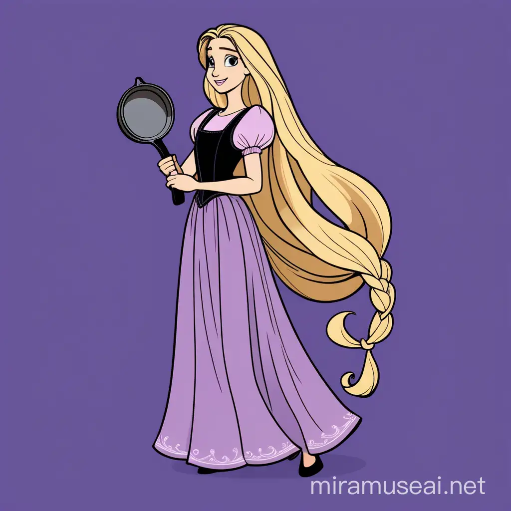 Rapunzel from disney, princess, long hair, purple dress, holding frying pan, full body, minimalist, vector art, colored illustration with a black outline, Arthur TV series style
