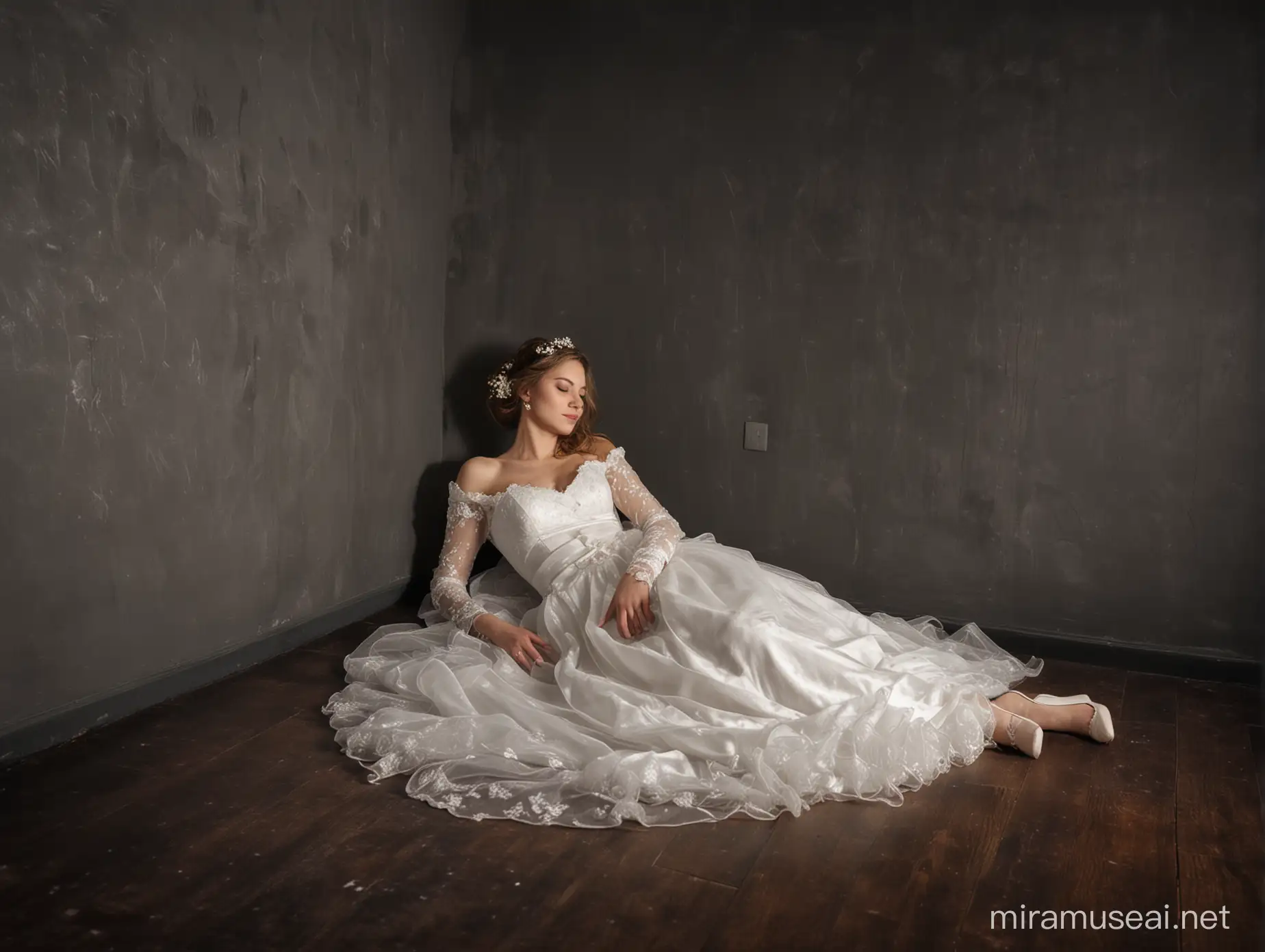 una mujer vestida de novia dormida en el piso de una habitación oscura en la noche