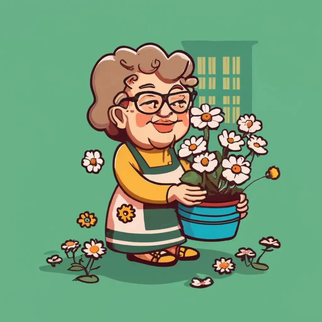 a grandmother facing the window holding a pot of daisies