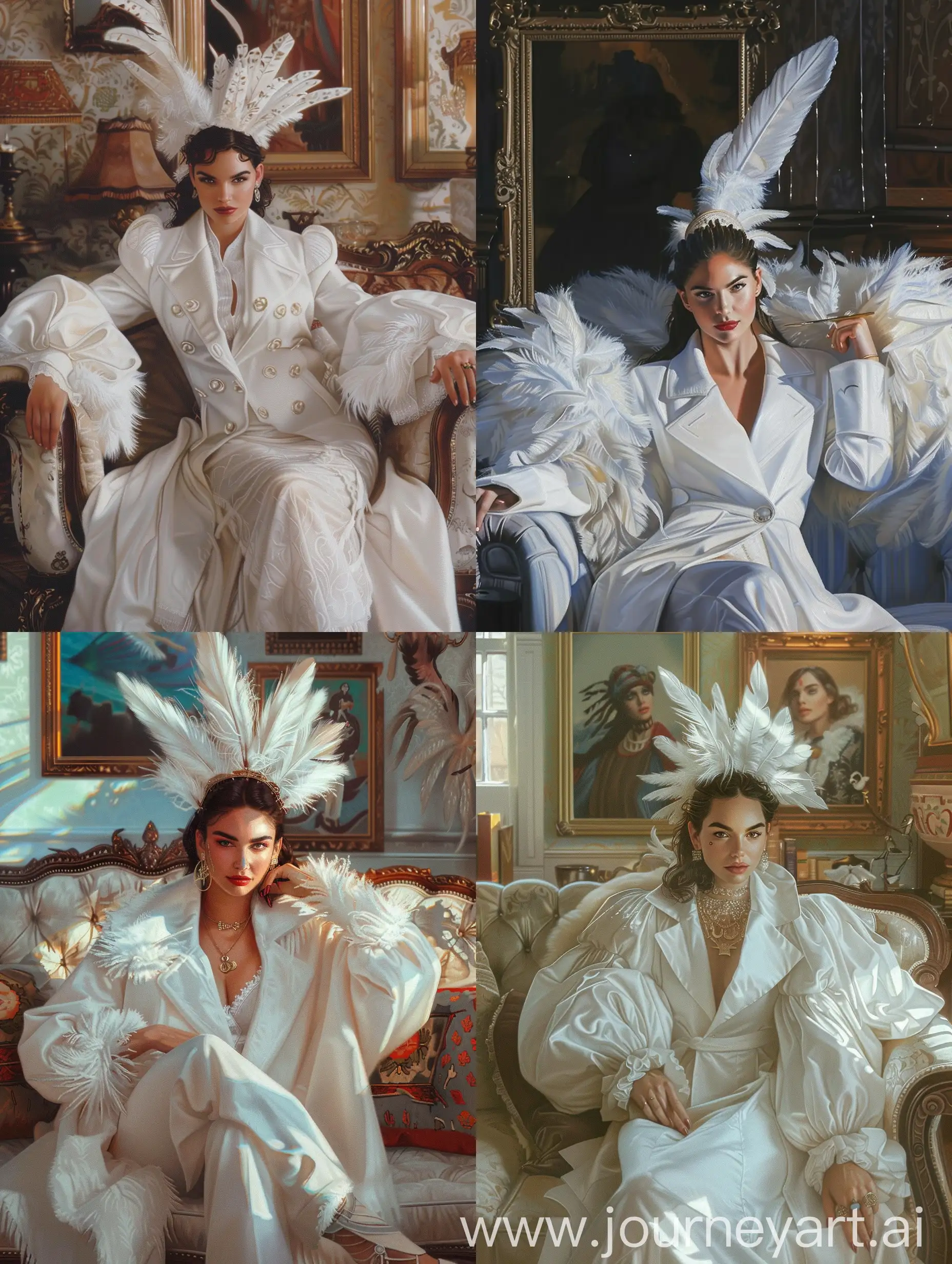 Shade woman in white coat sitting on couch, massive boho style sleeves, perfect face, feathers on her head, looks like gal gadot, dressed in white, very detailed, morning glow, dressed oil painting, airbrush, comic book. V6