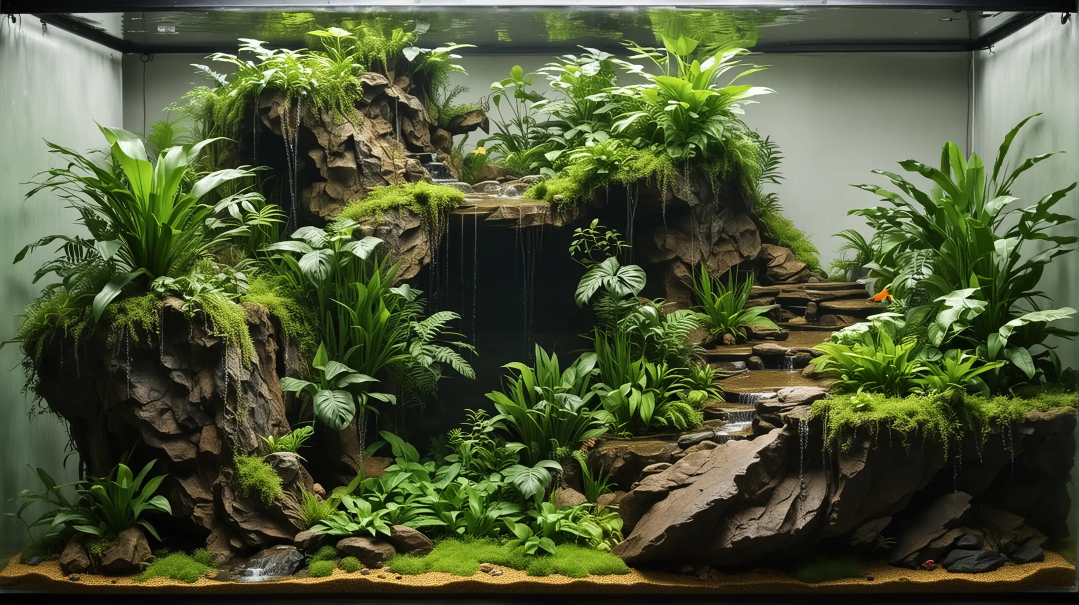 Tropical Snake Paludarium with Mountain Cliff and Waterfall beside a Lake