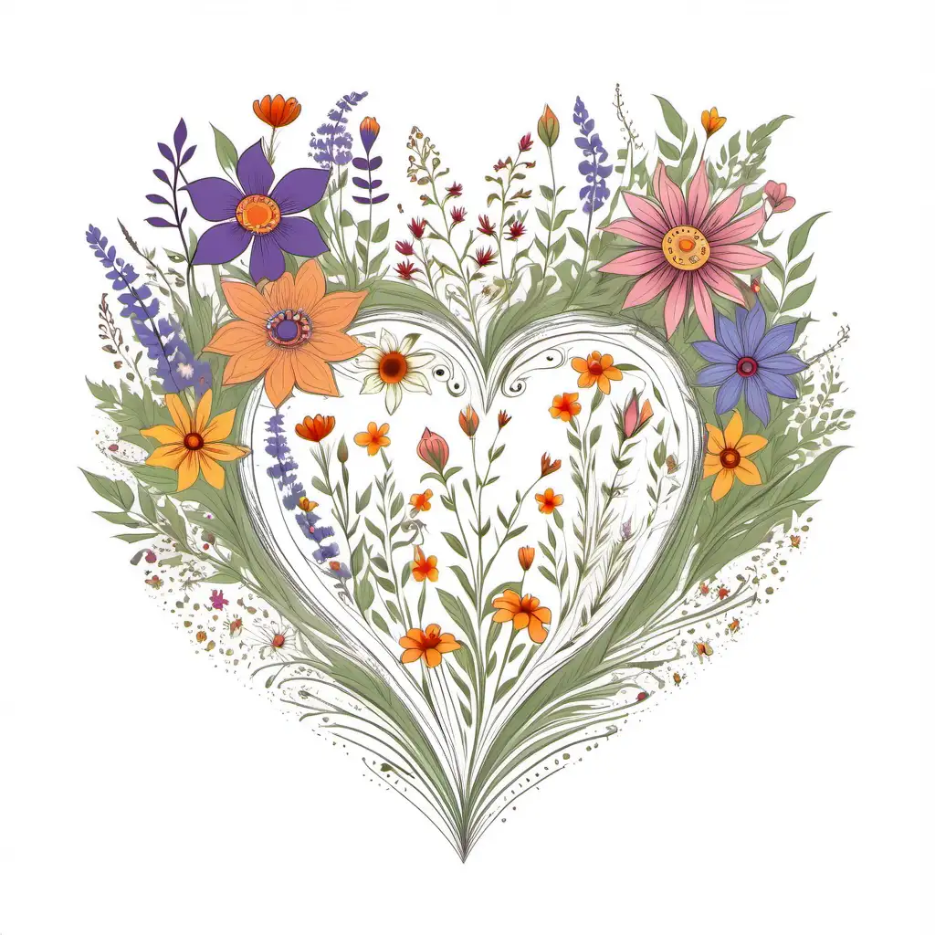 fairytale boho  heart with wildflowers,vector, white 
background 