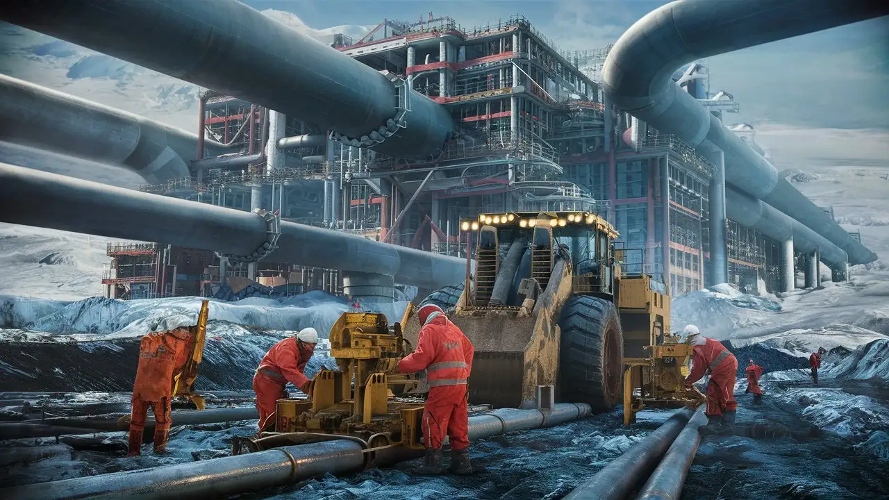 An outstanding visible image of huge pipelines, in the Russian Arctic site with storey structure under construction, symbolizing a very huge worldwide project, with
👷‍♂️ Workers and many heavy machineries in action also constructing mega oil pipelines. Make this a secondary project