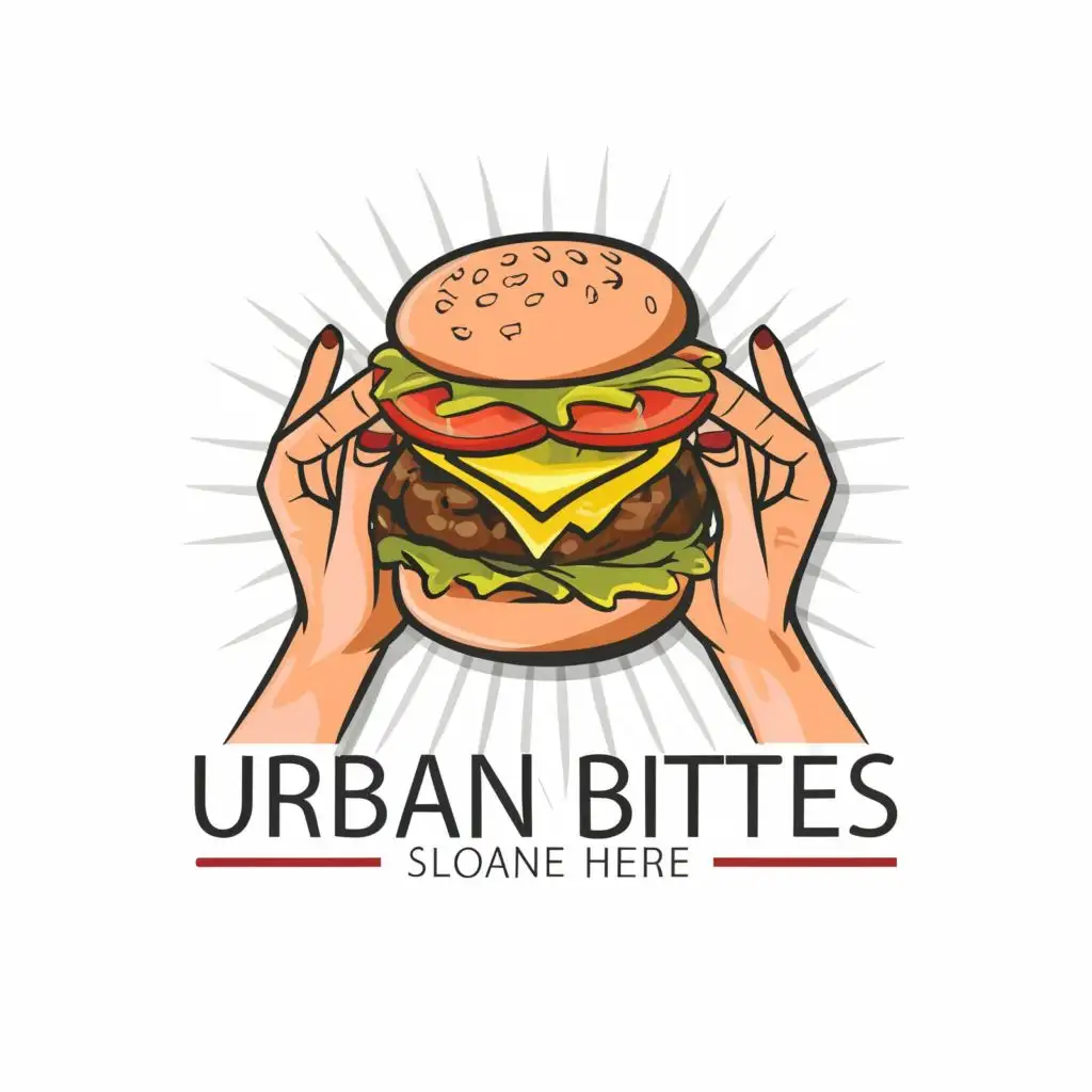 logo, Burger with hands trying to hold it, with the text "Urban Bites", typography, be used in Restaurant industry