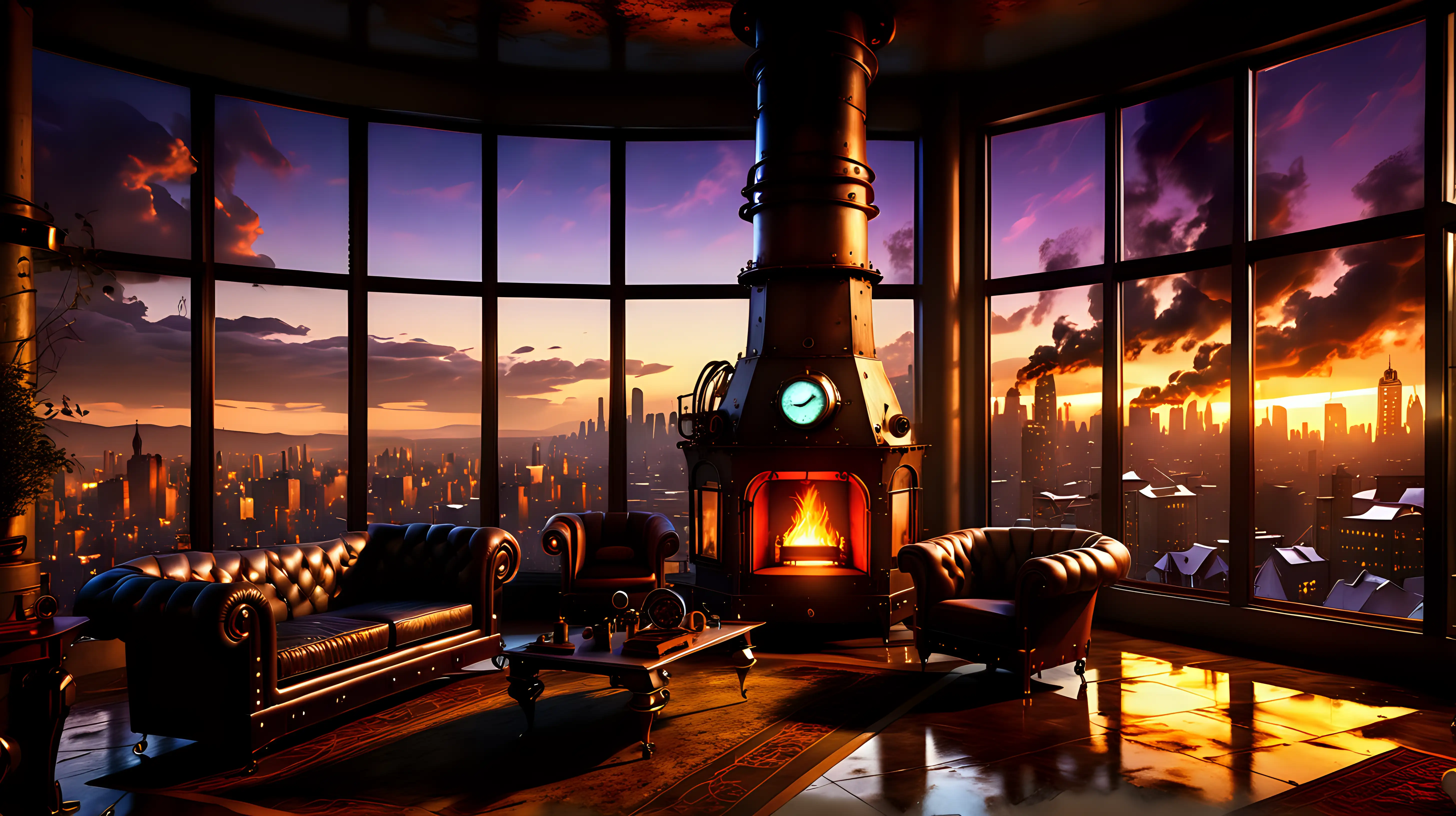 An upscale Steampunk living room at twilight with one fireplace and large window looking out on a vast city. Dramatic lighting, photographic quality.