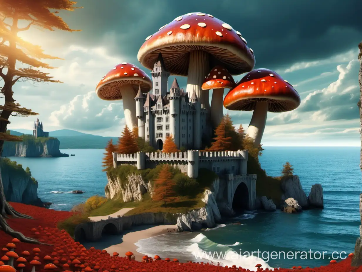 Величественный замок в лесу из гигантских грибов на фоне моря