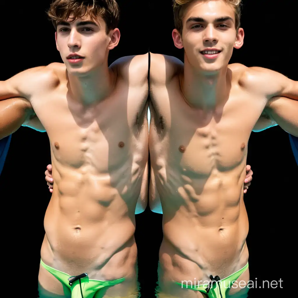 two naked swimmer male twink models with big protruding outie belly buttons