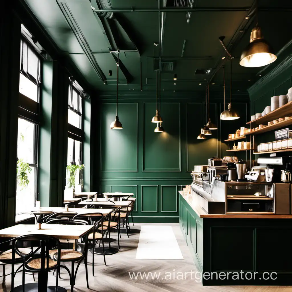 Cozy-Coffee-Shop-with-Dark-Green-Walls-and-Gray-Ceiling