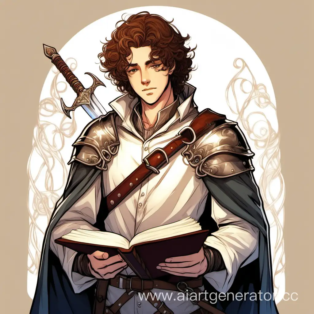 a young man is a paladin, devoted to his friends, brown hair with a white curl, holds a two-handed sword in his hand, a book hangs on a chain over his shoulder