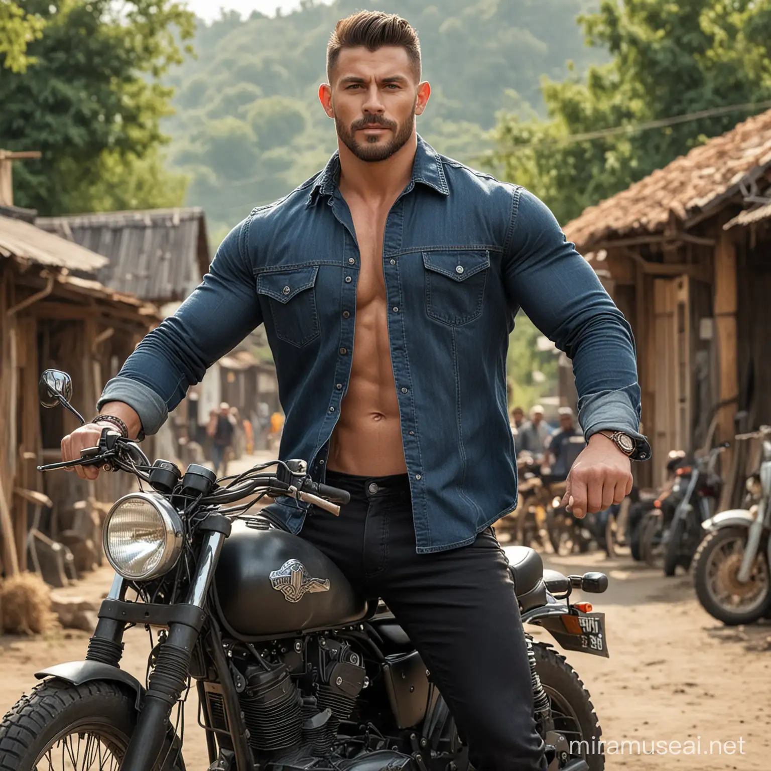 Big giant muscular build men wearing unbuttoned black denim shirt at village on heavy motor bike