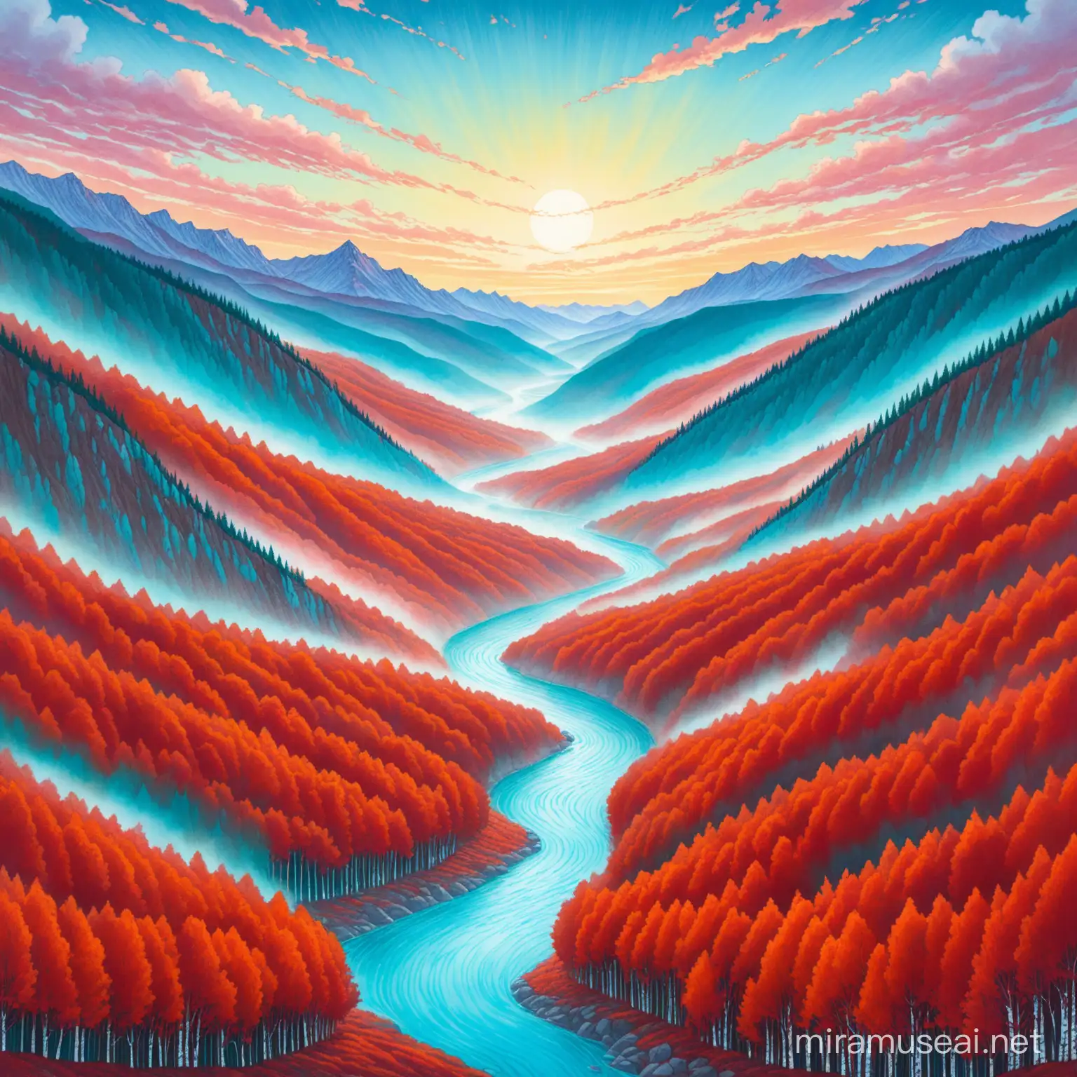 The Cirmson Valley, wilth silver birch bark trees adorned with red leaves, giant Iron mountains surrounding the valley, and a mystic aqua blue rhine running through the center of the valley, in pastel colors hand drawn