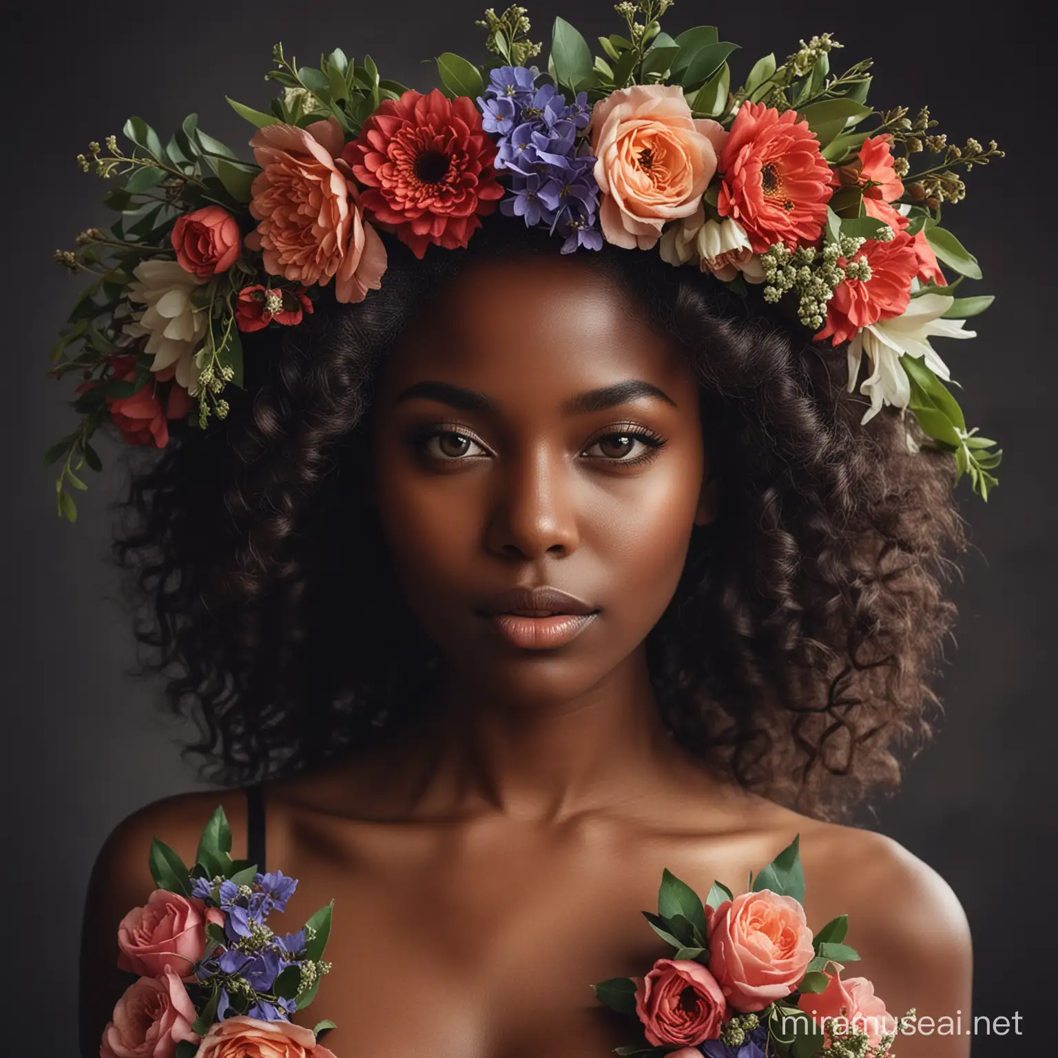 Sensual Portrait DarkSkinned Girl Adorned with Flower Wreath