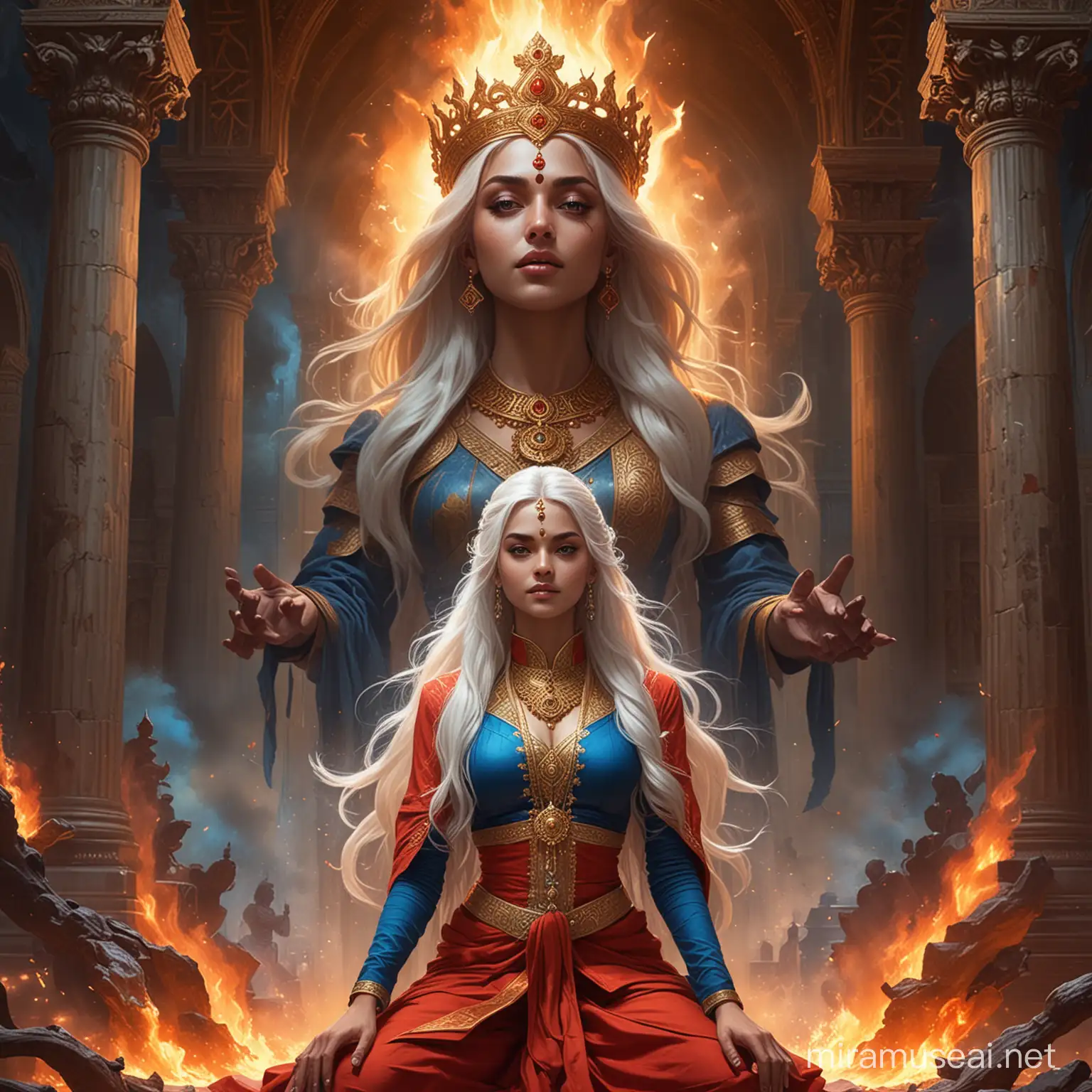 Powerful Hindu Empress Summoning Cosmic Forces in Mystical Battle