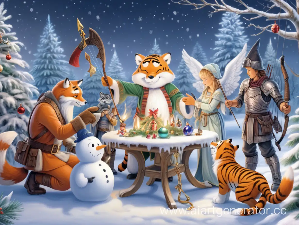 Лёгкий снежок припорошил лисичку, лучник и тигр наряжают ёлку, ангел и жнец накрывают стол, воин и чернокнижница лепят снеговика