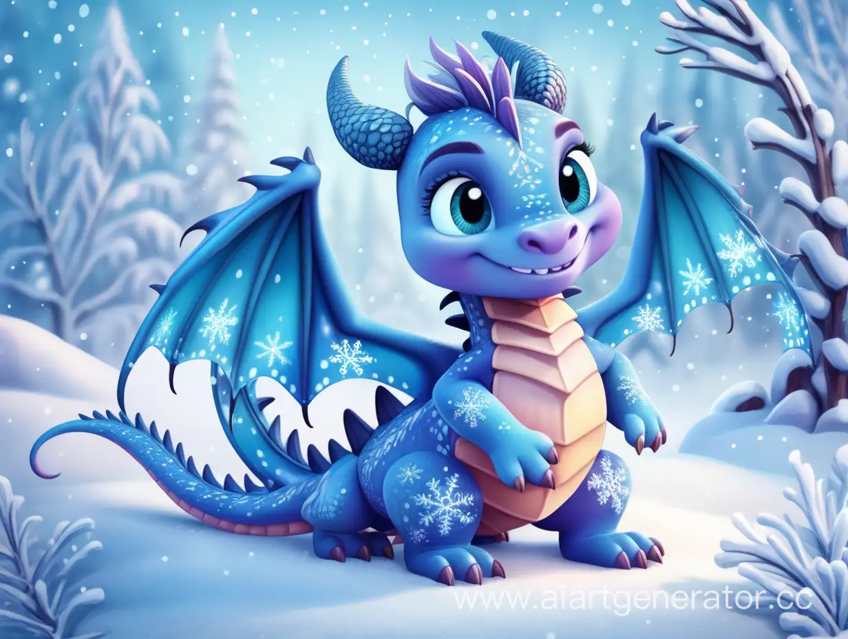 милый дракончик на зимнем фоне в стиле мультфильма холодное сердце
