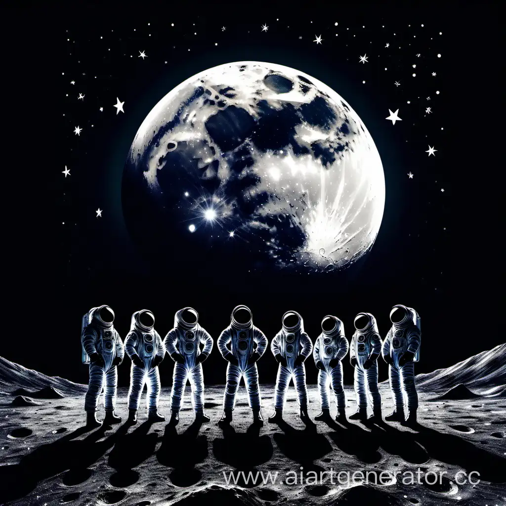 логотип K-pop группы в темных тонах с луной посередине. На луне несколько человек в скафандре смотрят вдаль. Луна находится на фоне звездного неба. Лаконично выглядит.