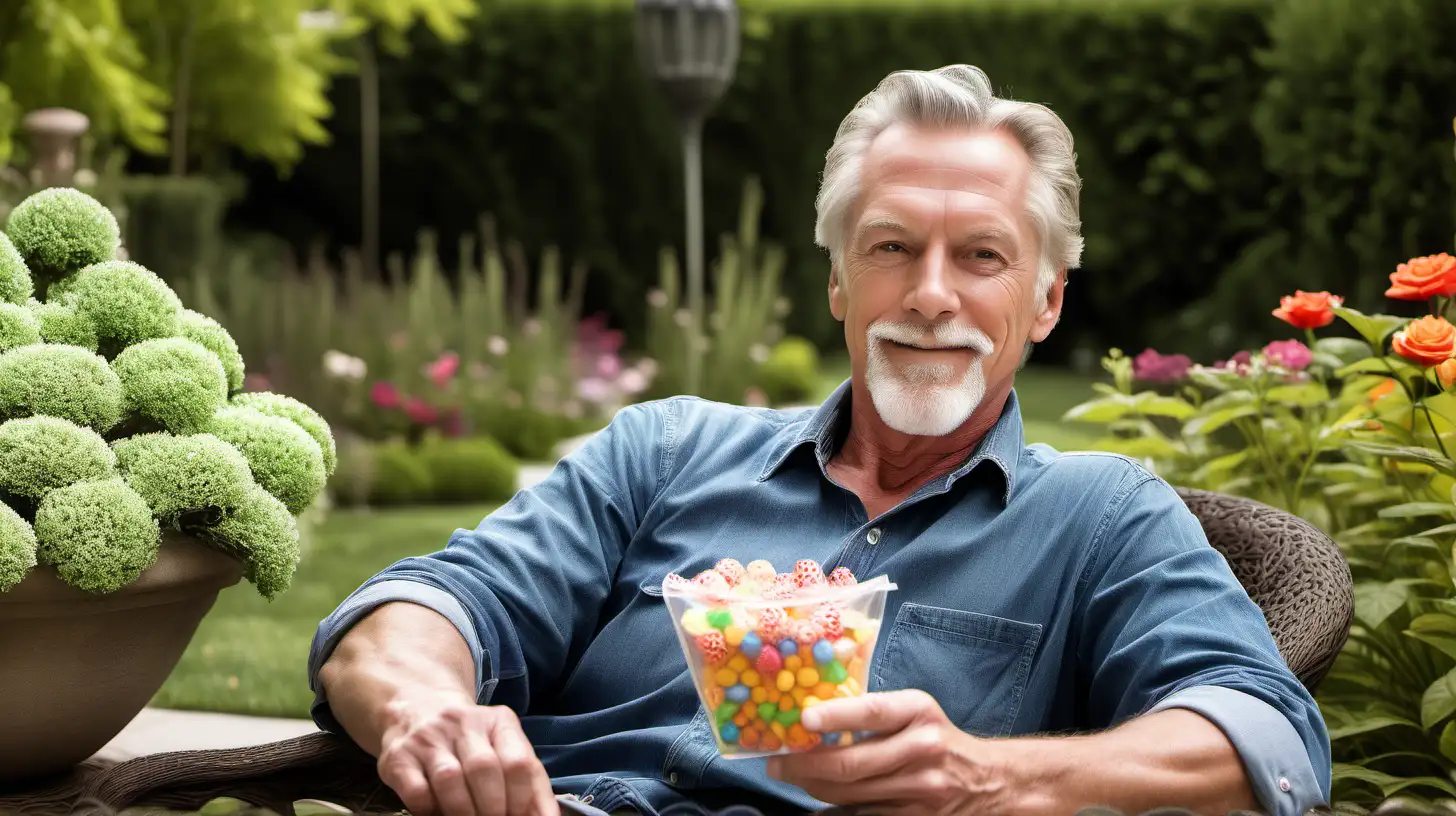 American man of 45 years relaxing in beautiful garden displays single small candy
