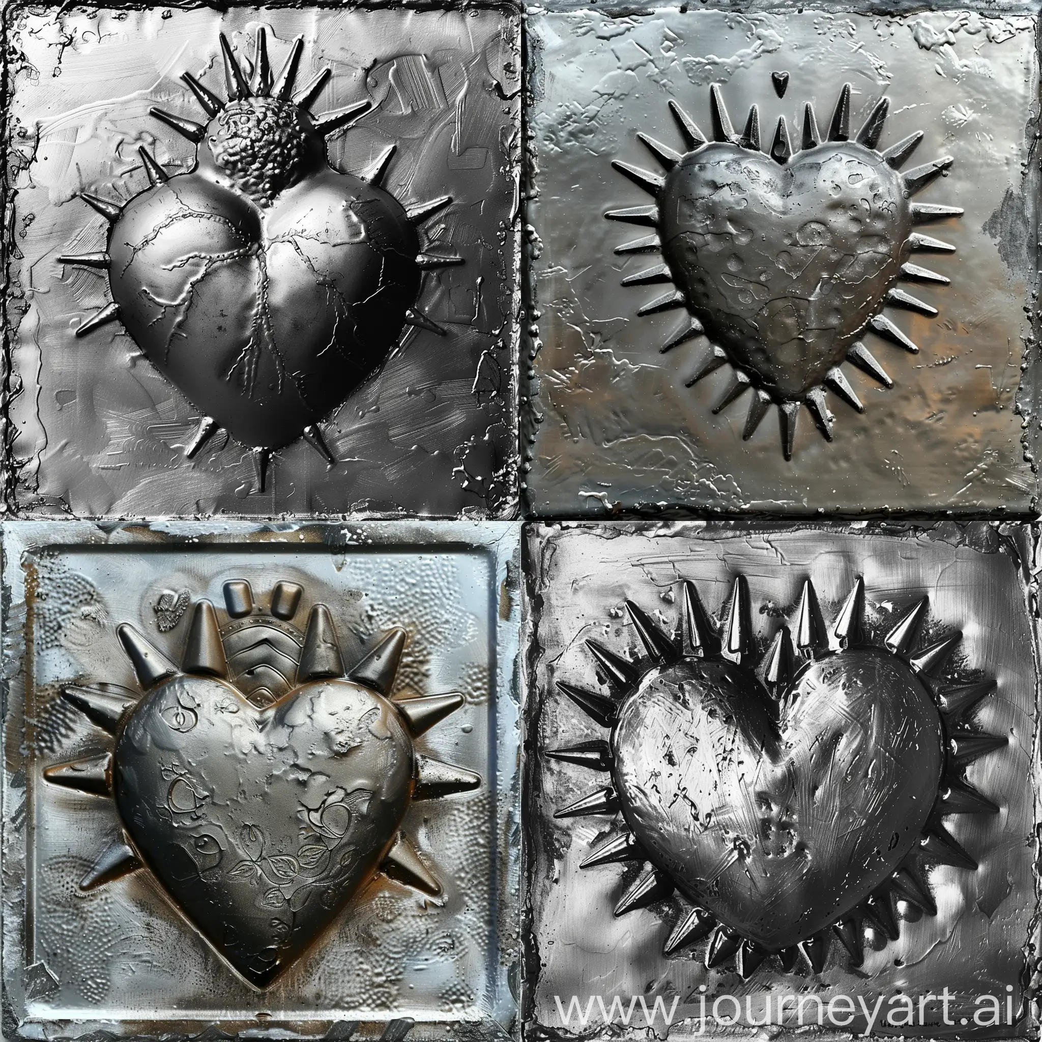 metal panel showing a heart with spikes stencil, in the style of smooth and shiny, soft-edged, wet-on-wet blending, transparent/translucent medium, engraved ornaments, ready-made objects --ar 1:1 --v 6.0