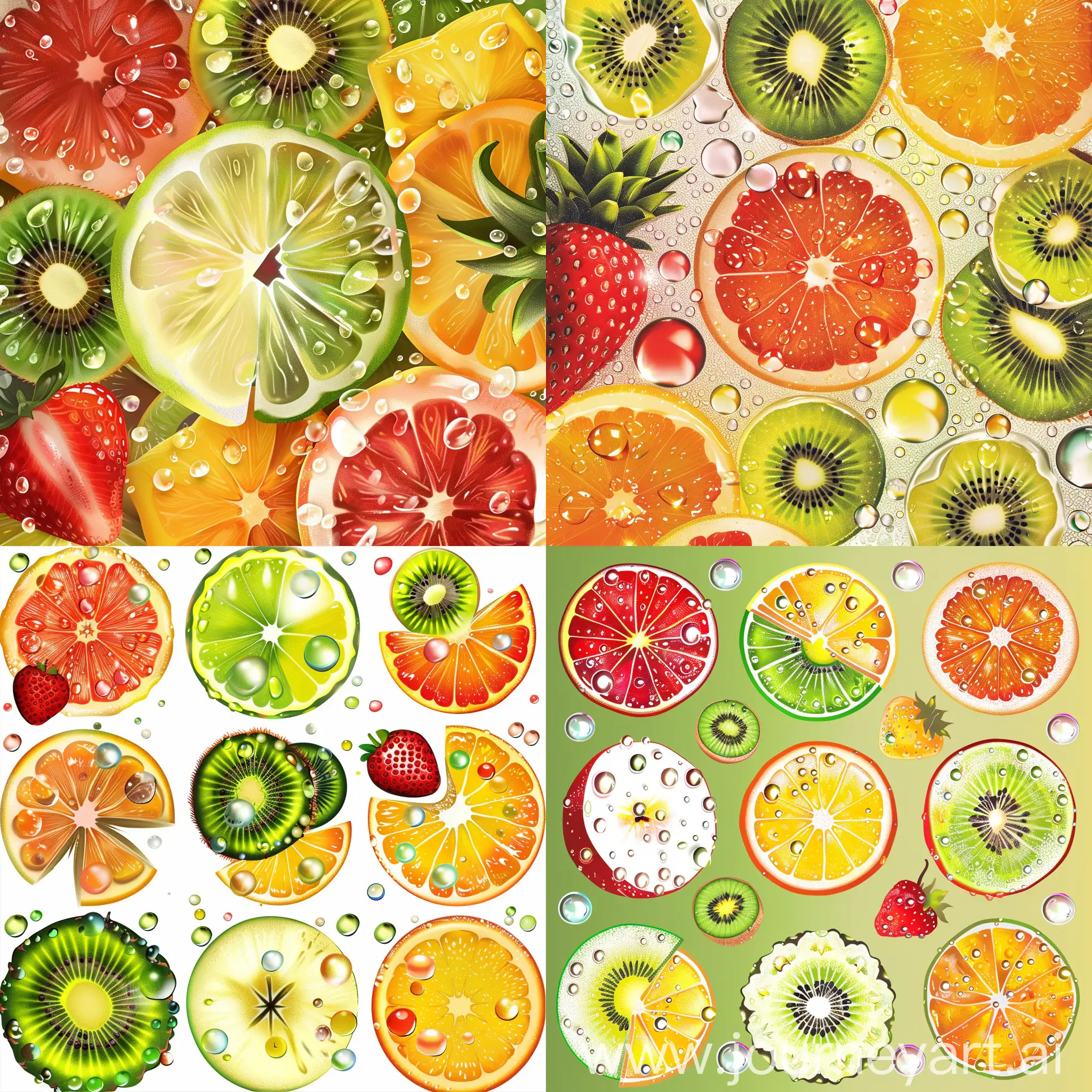 including oranges, apples, kiwis, pineapples, and strawberries. Each fruit slice is depicted with intricate detail to highlight its freshness and juiciness. Water droplets glisten on the surface of the fruits, emphasizing their refreshing nature.  The color palette consists of bright and energetic tones, such as lime green, vibrant orange, sunny yellow, and ripe red. These colors evoke feelings of vitality, health, and appetite appeal.  The font choice is modern and playful, with clean lines and rounded edges, reflecting the lively and approachable nature of the brand.
